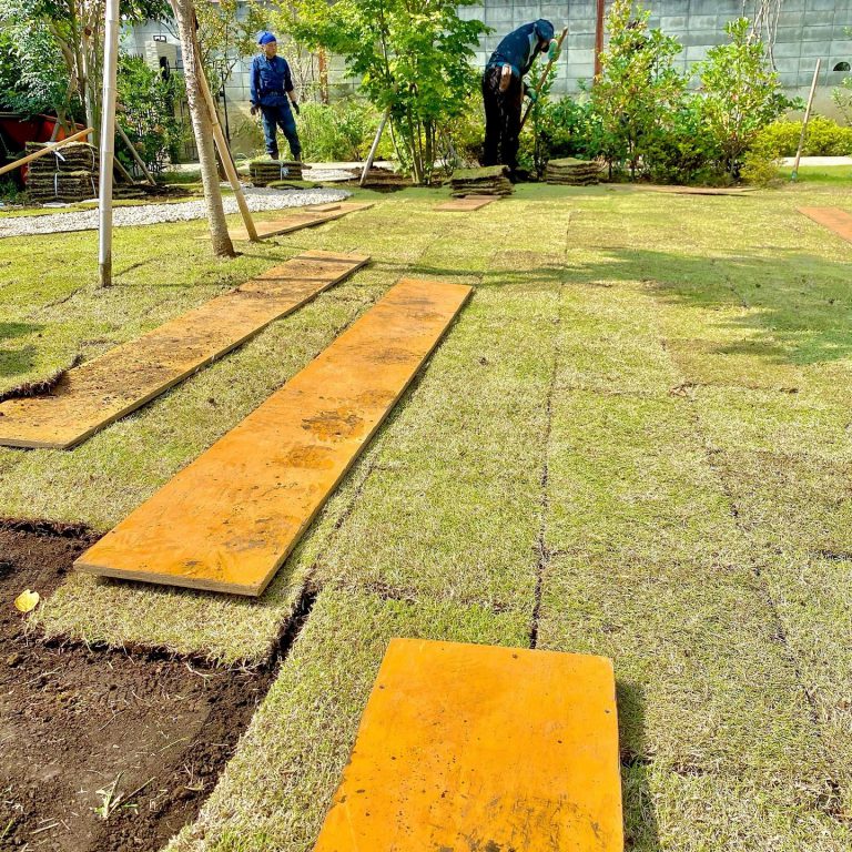コウライシバ 張り付け 踏み板 芝張り工事 目黒区中根