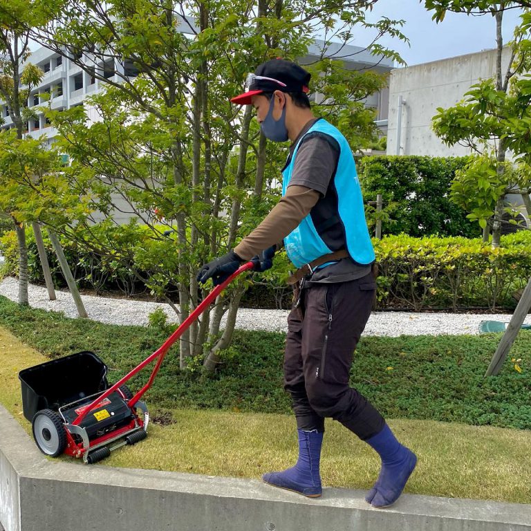 手押し式芝刈り機 芝生 植栽管理 作業スタッフ