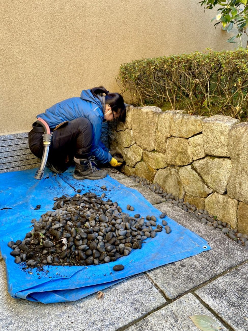 砂利 ブルーシート 石積み 砂利洗い 庭の手入れ 年末