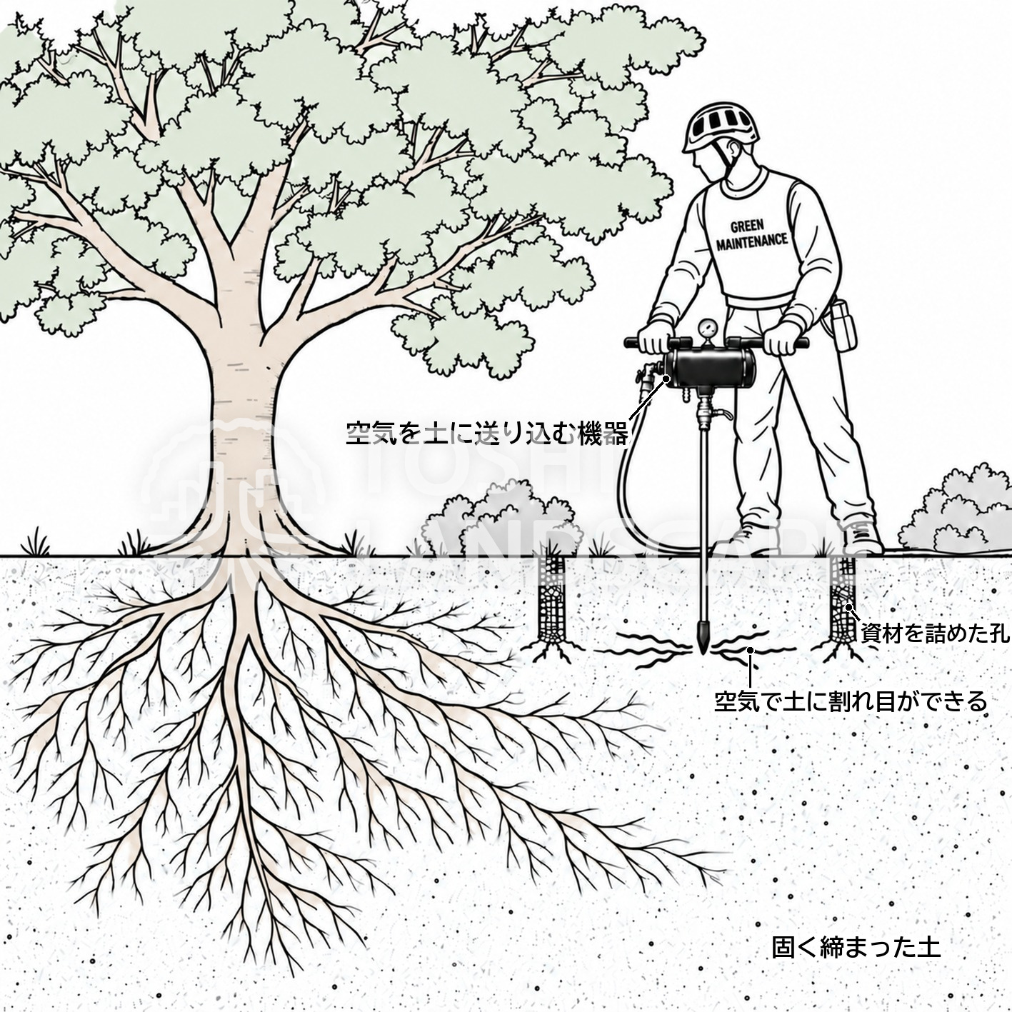エアレーション 土壌改良 断面 圧縮空気 割れ目 資材 根 イラスト