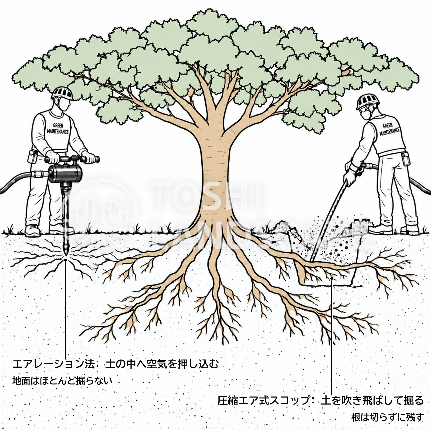エアレーション 圧縮エア式スコップ 違い 根 土壌改良 イラスト