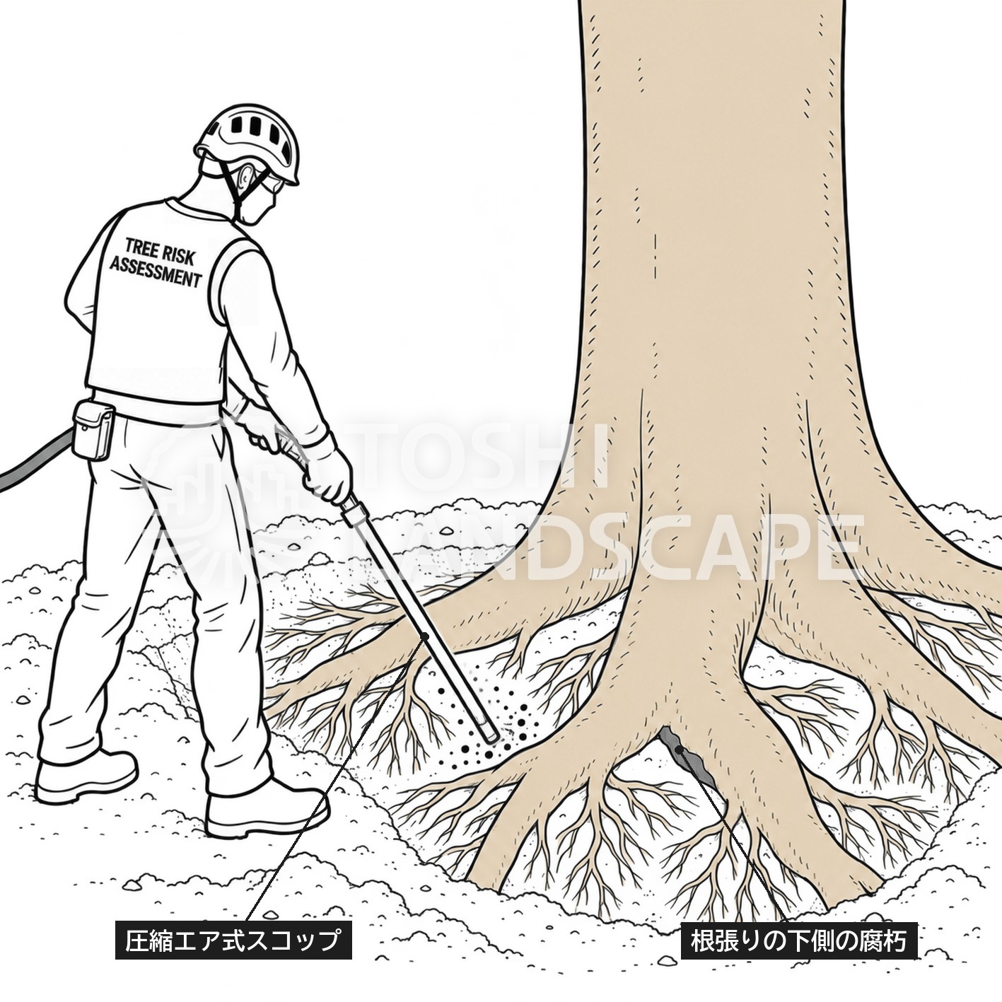 圧縮エア式スコップ 根元 掘削 根張り 腐朽 確認 樹木医 根系