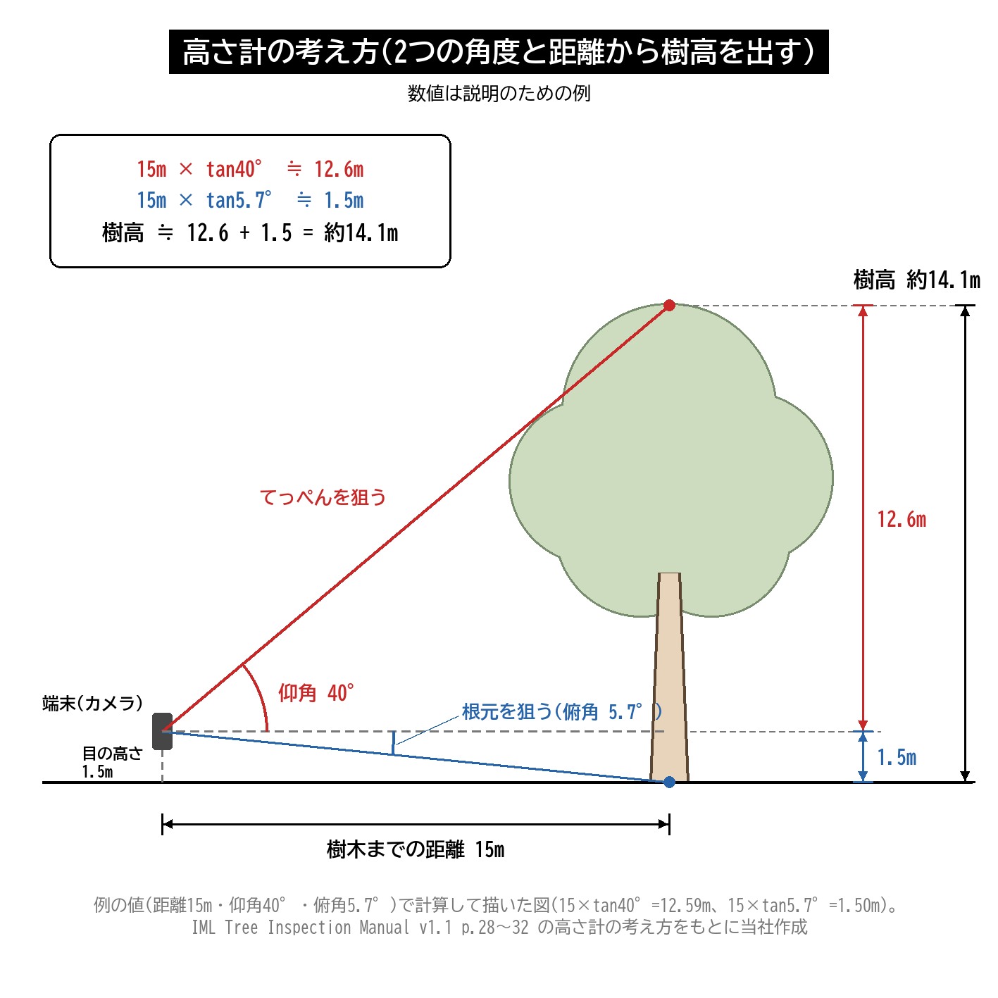 樹高 測定 三角測量 角度 距離 アプリ 高さ計 IML Tree Inspection 図解