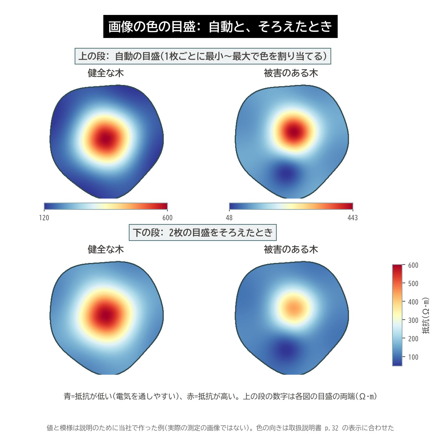アーボエレクトロ 電気抵抗 断面画像 自動の目盛 同じ目盛 健全 被害 比較 模式図