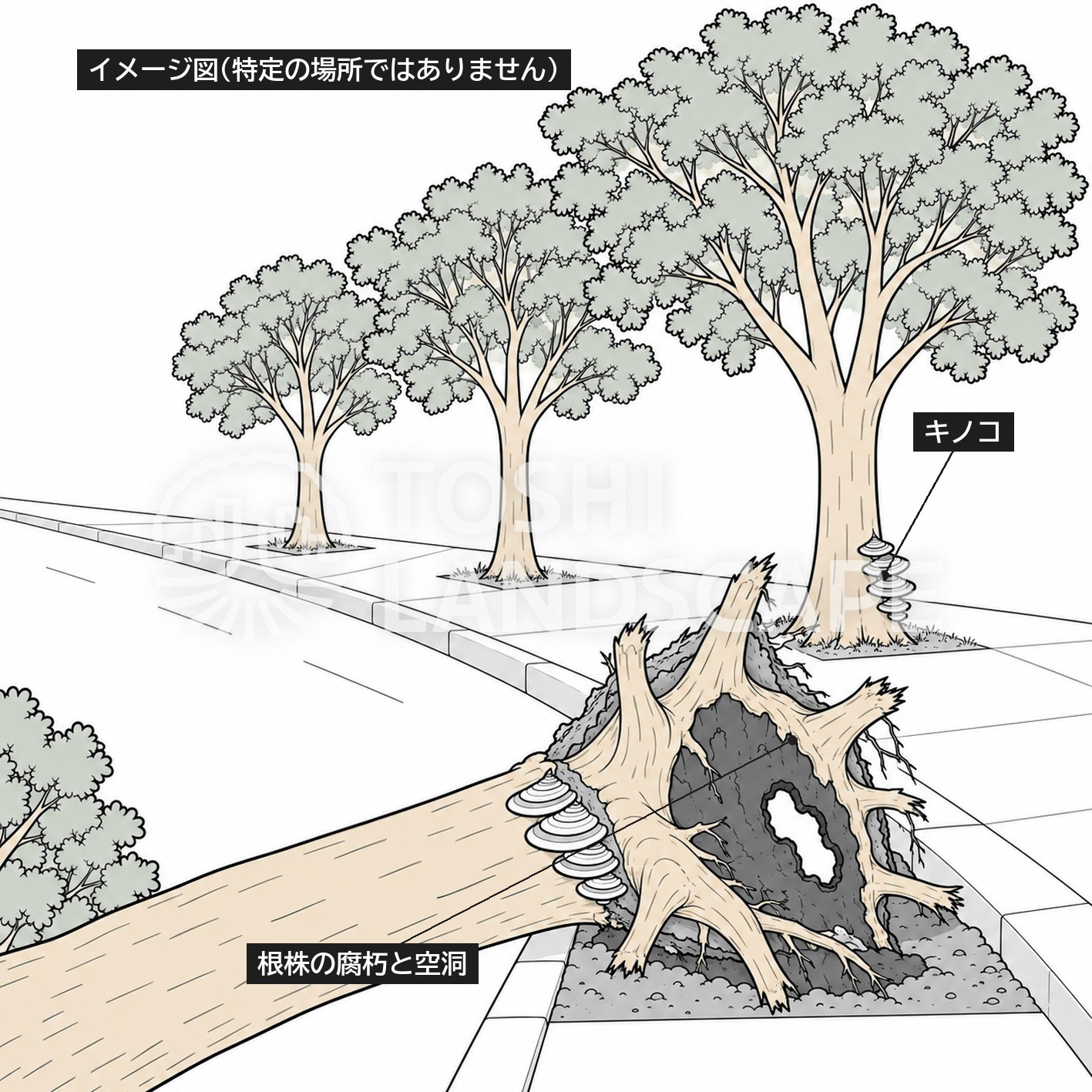 ケヤキ 並木 倒木 根返り 根株 腐朽 キノコ 街路樹 イメージ