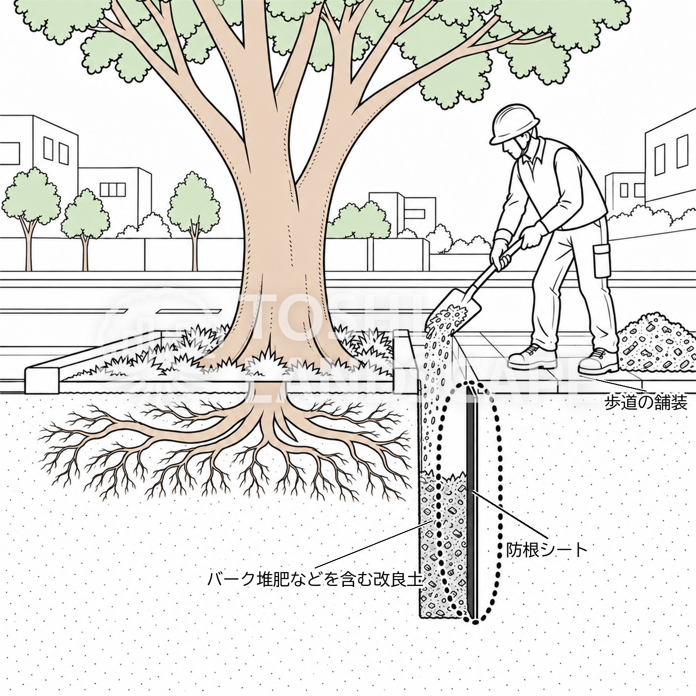 埋め戻し 改良土 バーク堆肥 防根シート 根上がり防止 植樹桝 街路樹