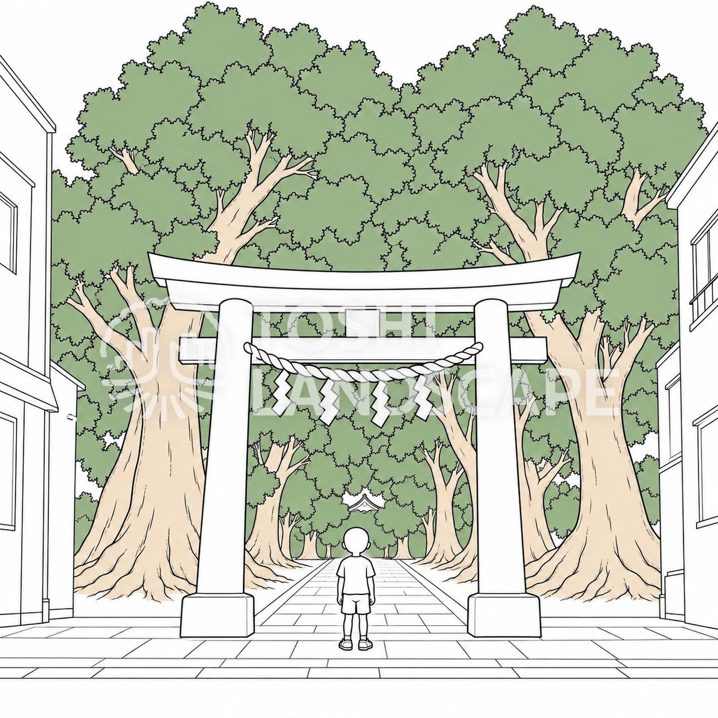 神社 鳥居 境内 鎮守の森 子ども 木陰 街 イラスト