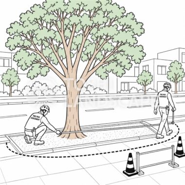街路樹 工事配慮エリア 巻尺 歩道 工事 樹木医 根の保護