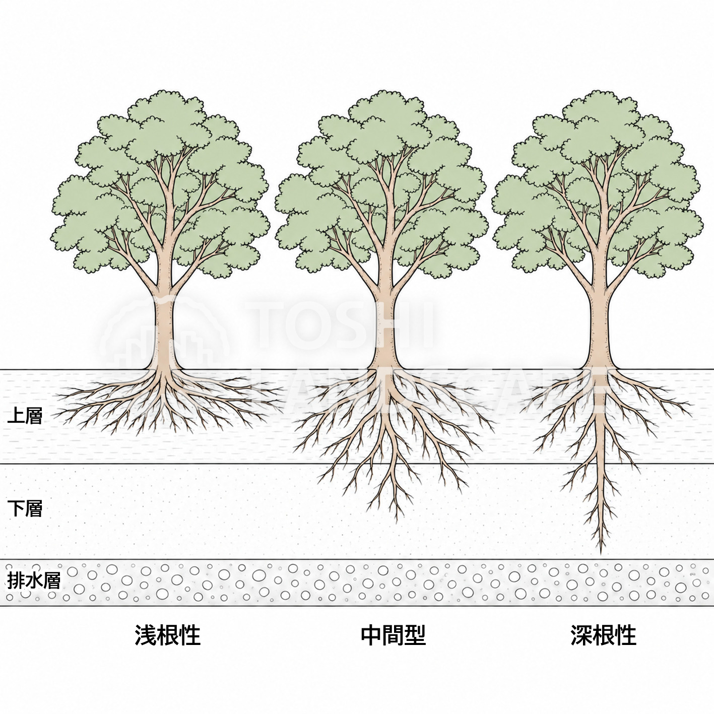 有効土層 上層 下層 排水層 浅根性 深根性 根系 イラスト
