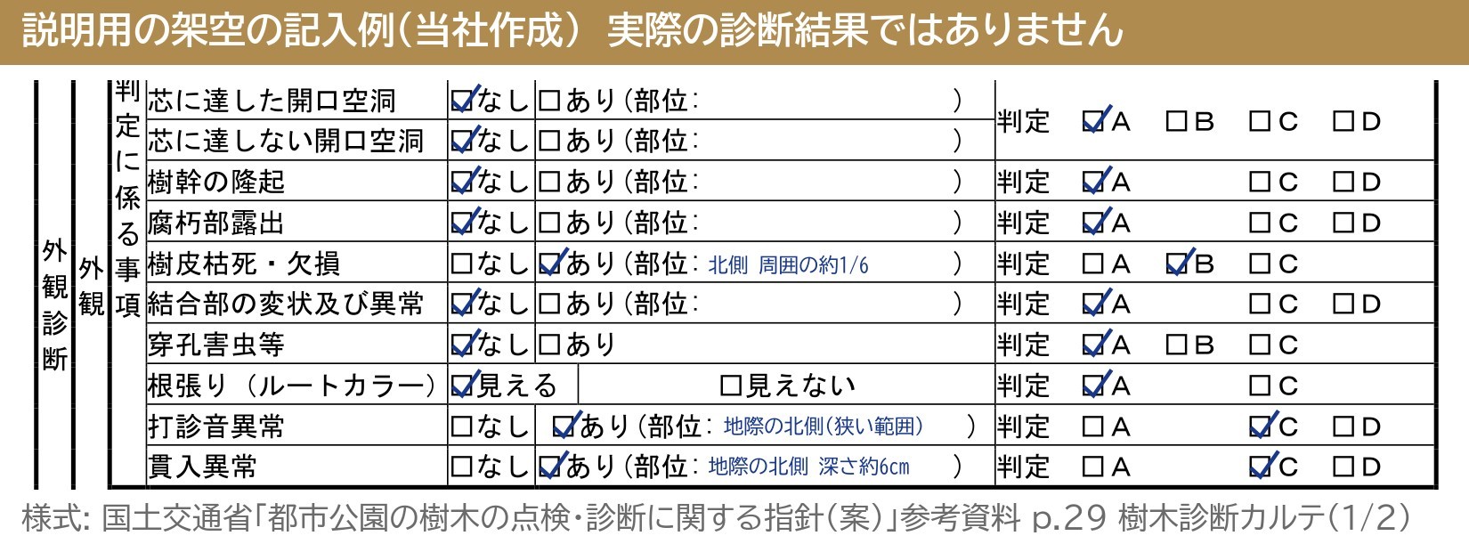樹木診断カルテ 開口空洞 隆起 腐朽部露出 樹皮枯死 結合部 穿孔害虫 根張り 打診音異常 貫入異常 記入例
