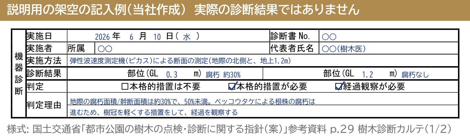 樹木診断カルテ 機器診断 実施方法 診断結果 部位 GL 判定 判定理由 記入例