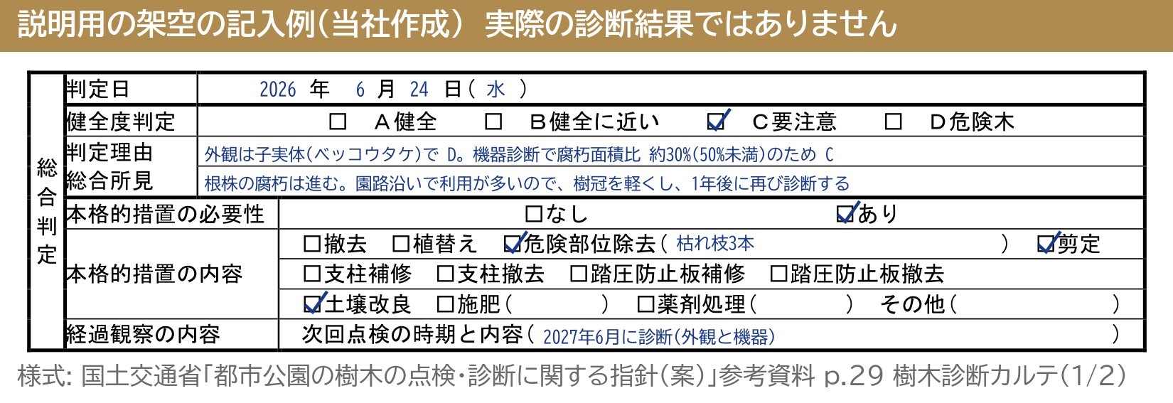 樹木診断カルテ 総合判定 健全度判定 A 健全 B 健全に近い C 要注意 D 危険木 判定理由 総合所見 記入例