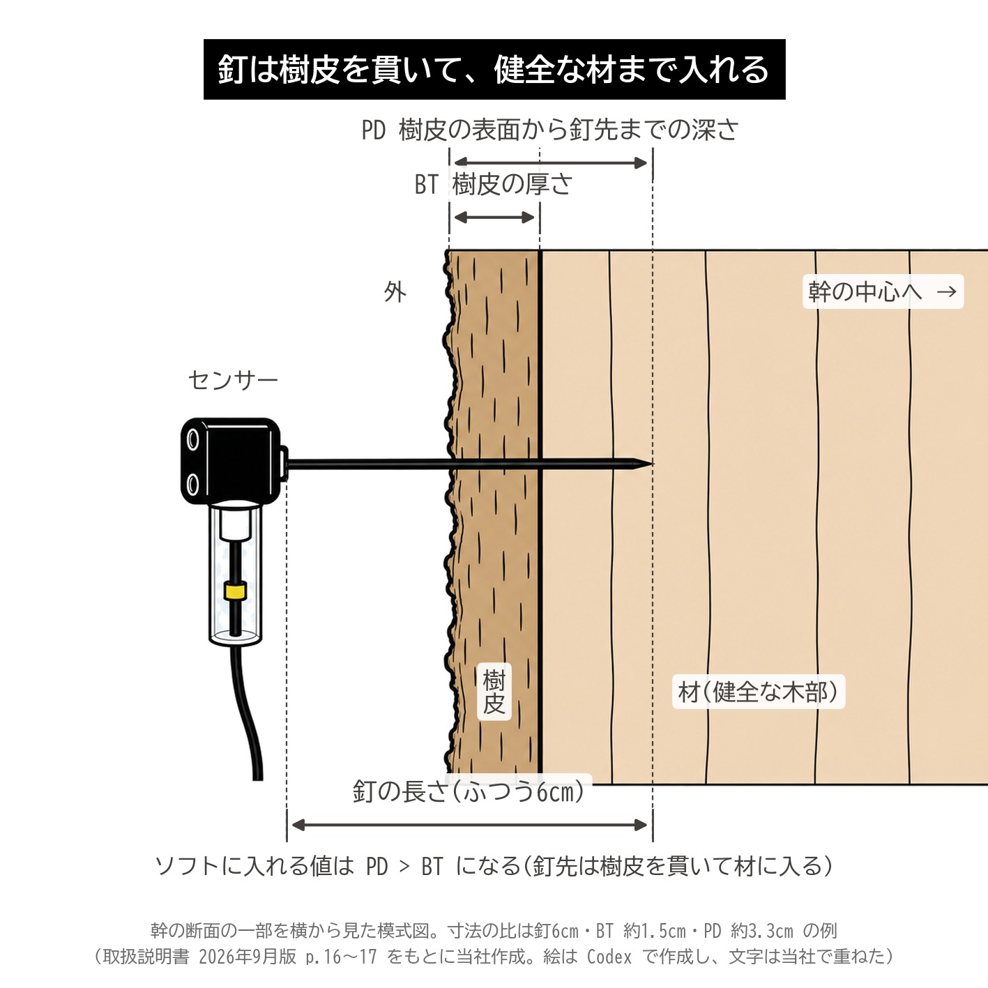 アーボソニック3D センサー 釘 貫入深さ PD 樹皮の厚さ BT 健全材 断面 模式図