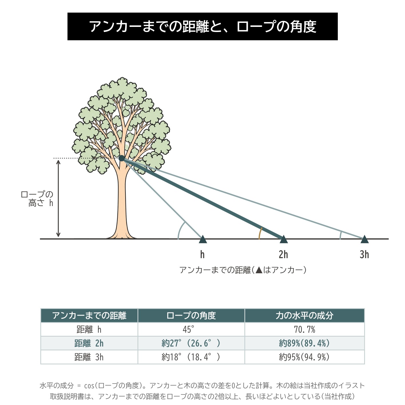 アンカーまでの距離 ロープの高さ 2倍 ロープの角度 水平の成分 引張り試験 図解