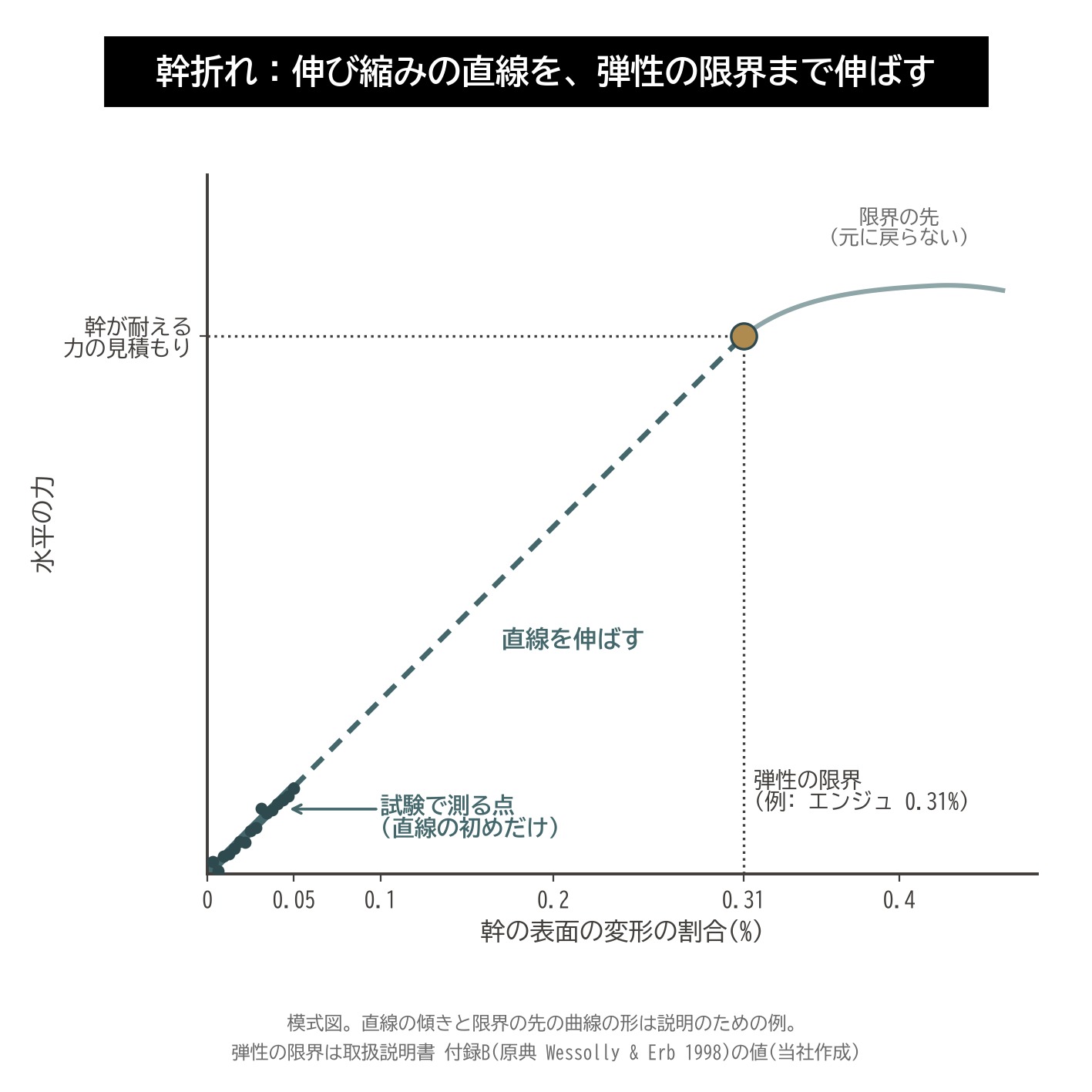 弾性の限界 伸び縮み 力 直線 外挿 幹折れ エラストメーター 引張り試験 模式図