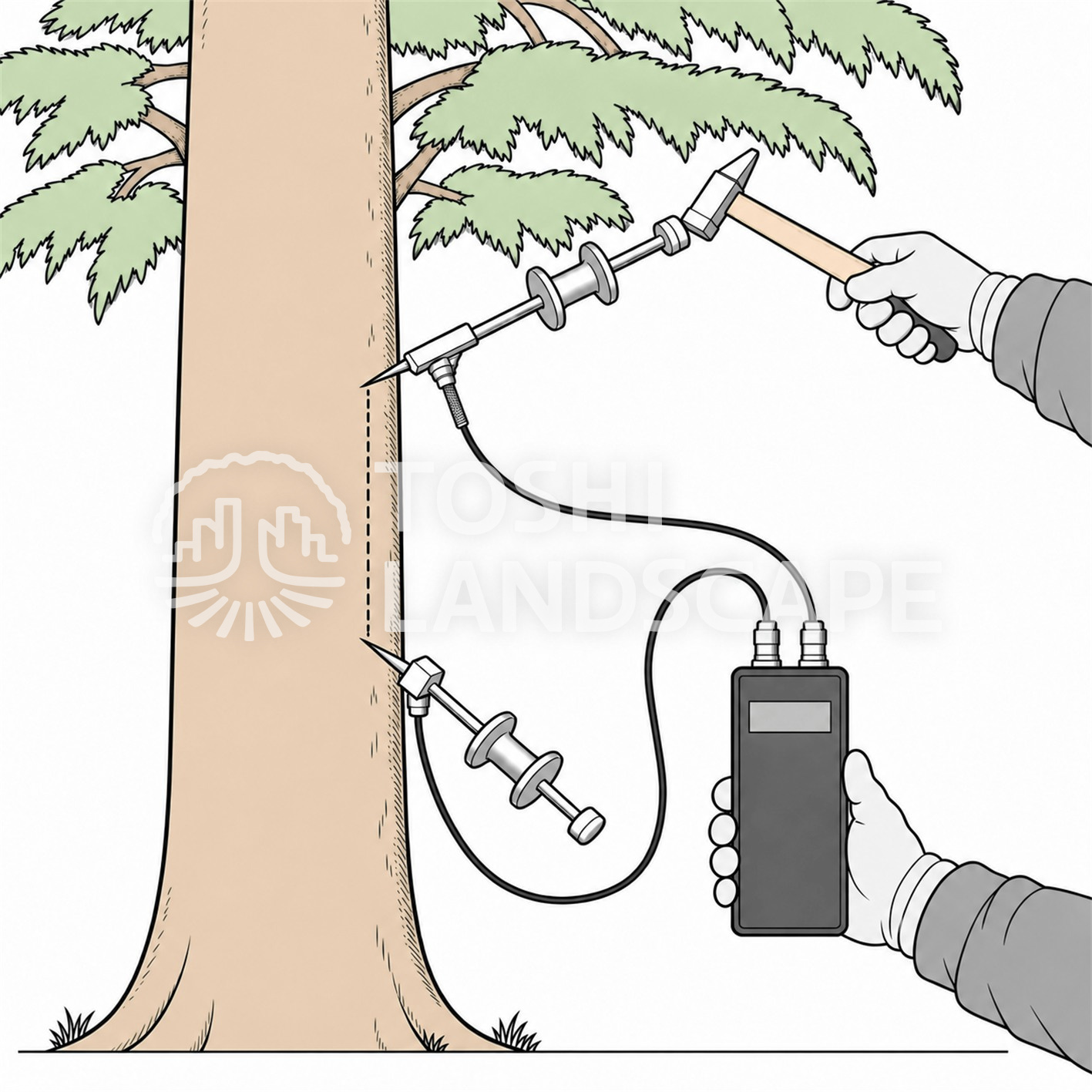 ツリーソニックタイマー TreeSonic 立木 材の硬さ 変換器 1m 45度 スライディングハンマー 図解