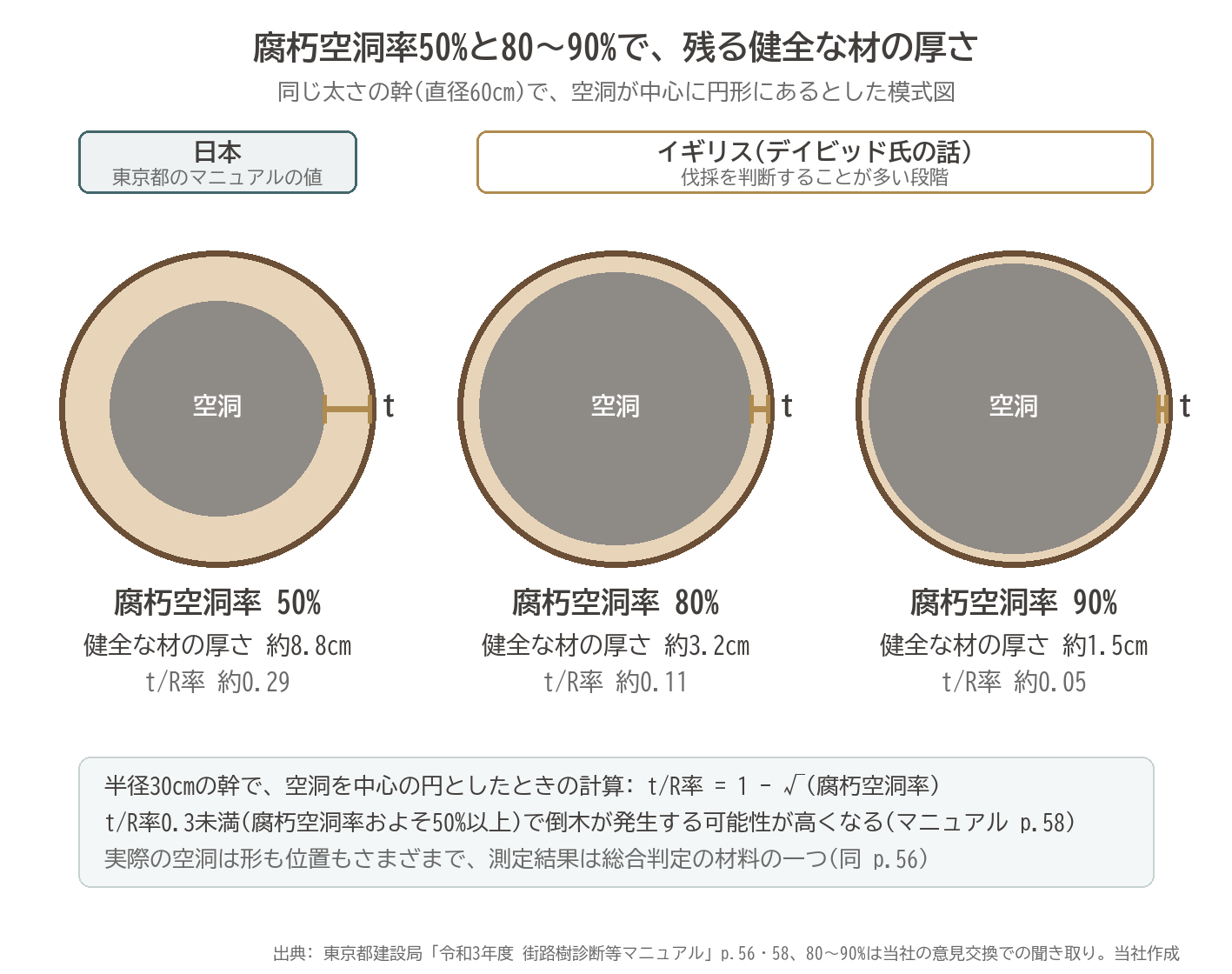 腐朽空洞率 50% 80% 90% t/R率 健全な材の厚さ 断面 日本 イギリス 比較 模式図
