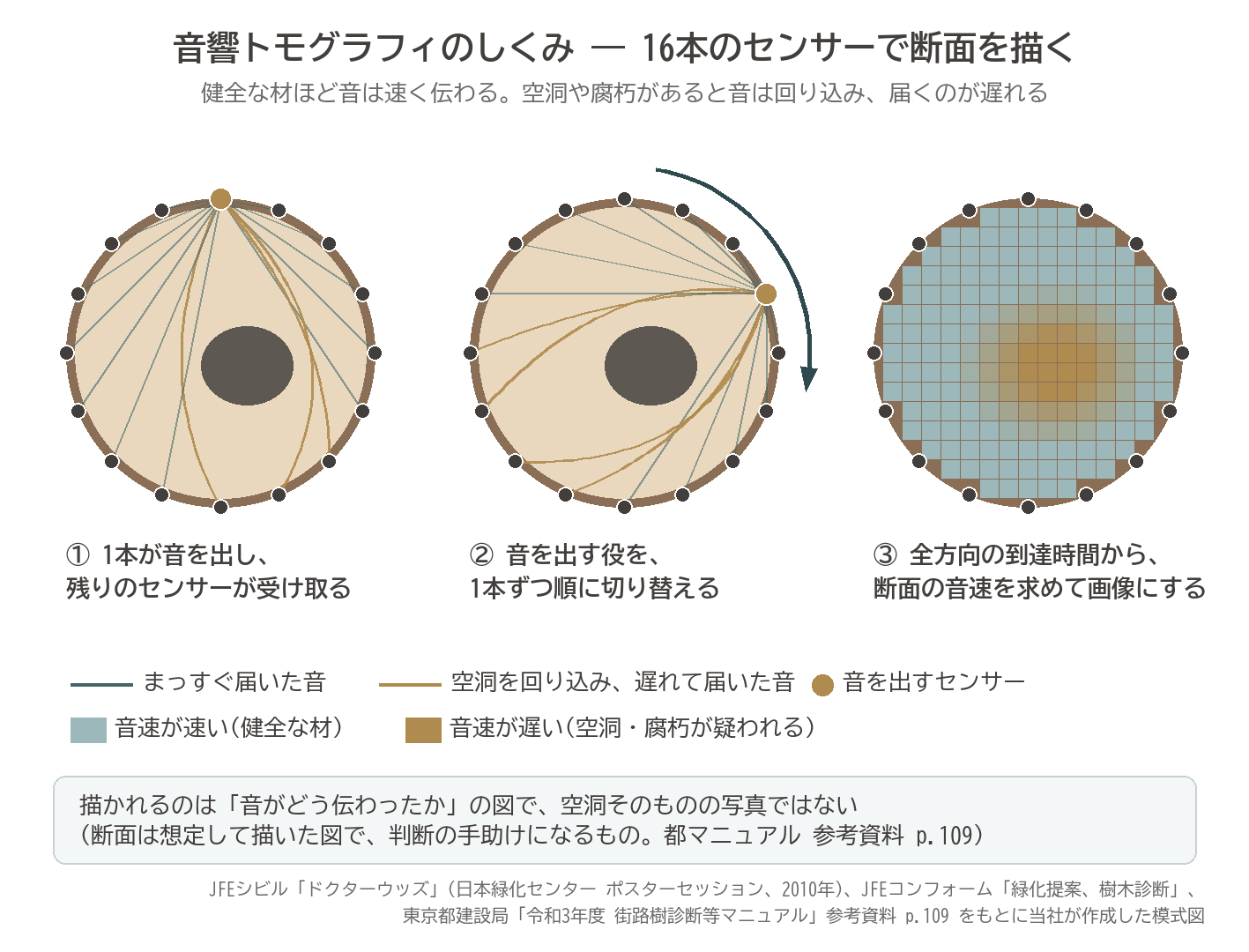 ドクターウッズ 音響トモグラフィ 原理 16本 センサー 発信 受信 切り替え 空洞 迂回 到達時間 音速 断面 模式図