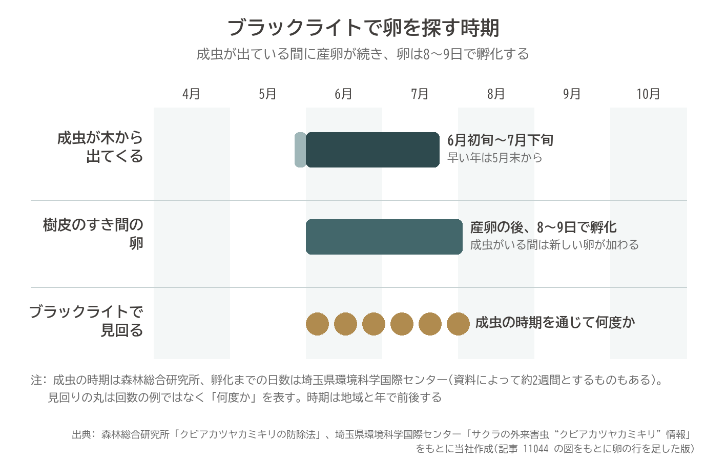 クビアカツヤカミキリ 卵 孵化 8〜9日 成虫 6月 7月 ブラックライト 見回り 時期 図