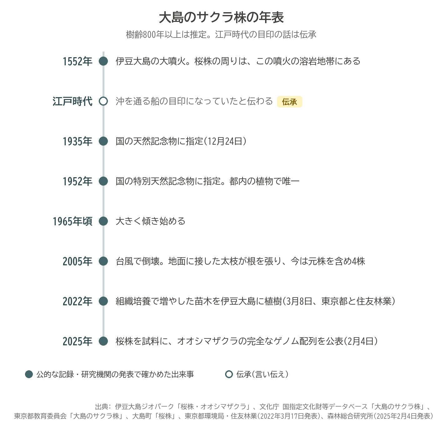 大島のサクラ株 年表 1552年 噴火 1935年 天然記念物 1952年 特別天然記念物 2005年 倒壊 2022年 植樹 2025年 ゲノム