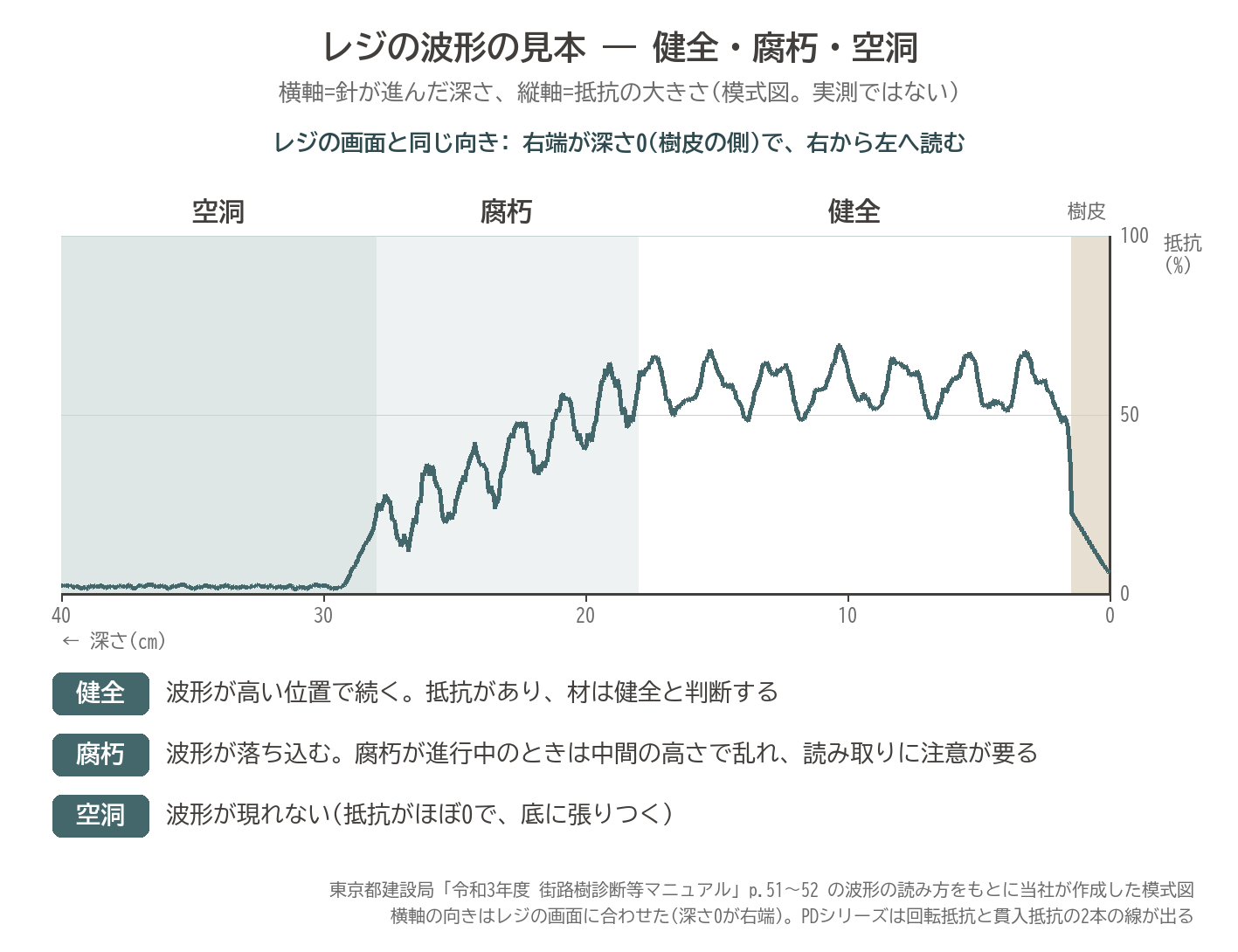 レジ 波形 見本 健全 腐朽 空洞 深さ 抵抗 貫入抵抗測定器 右から左 模式図