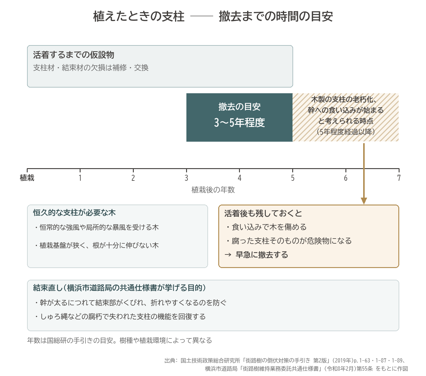 支柱 撤去 時期 3〜5年 5年 食い込み 結束直し 恒久的な支柱 図