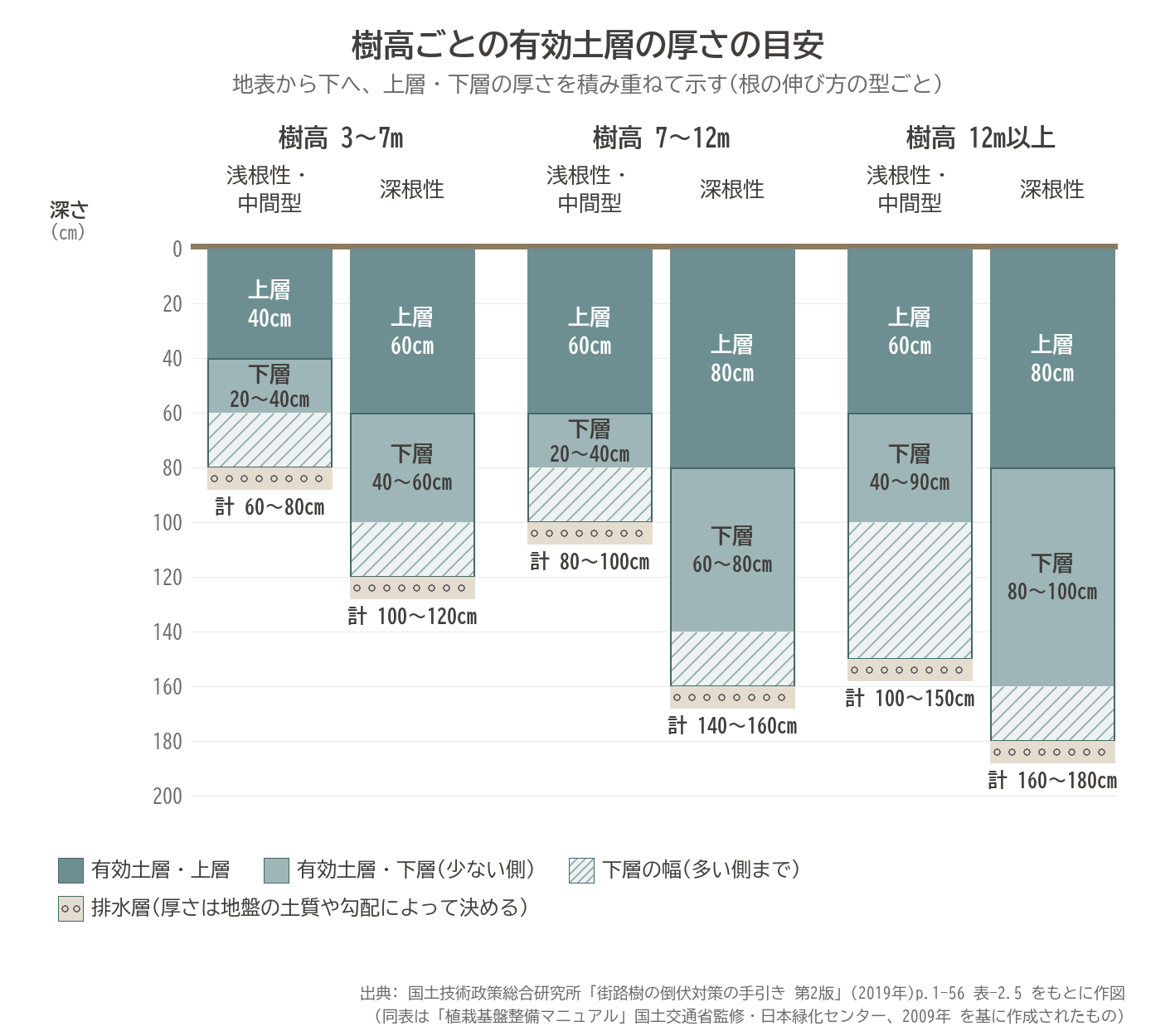 有効土層 上層 下層 排水層 樹高 浅根性 深根性 厚さ 目安 図