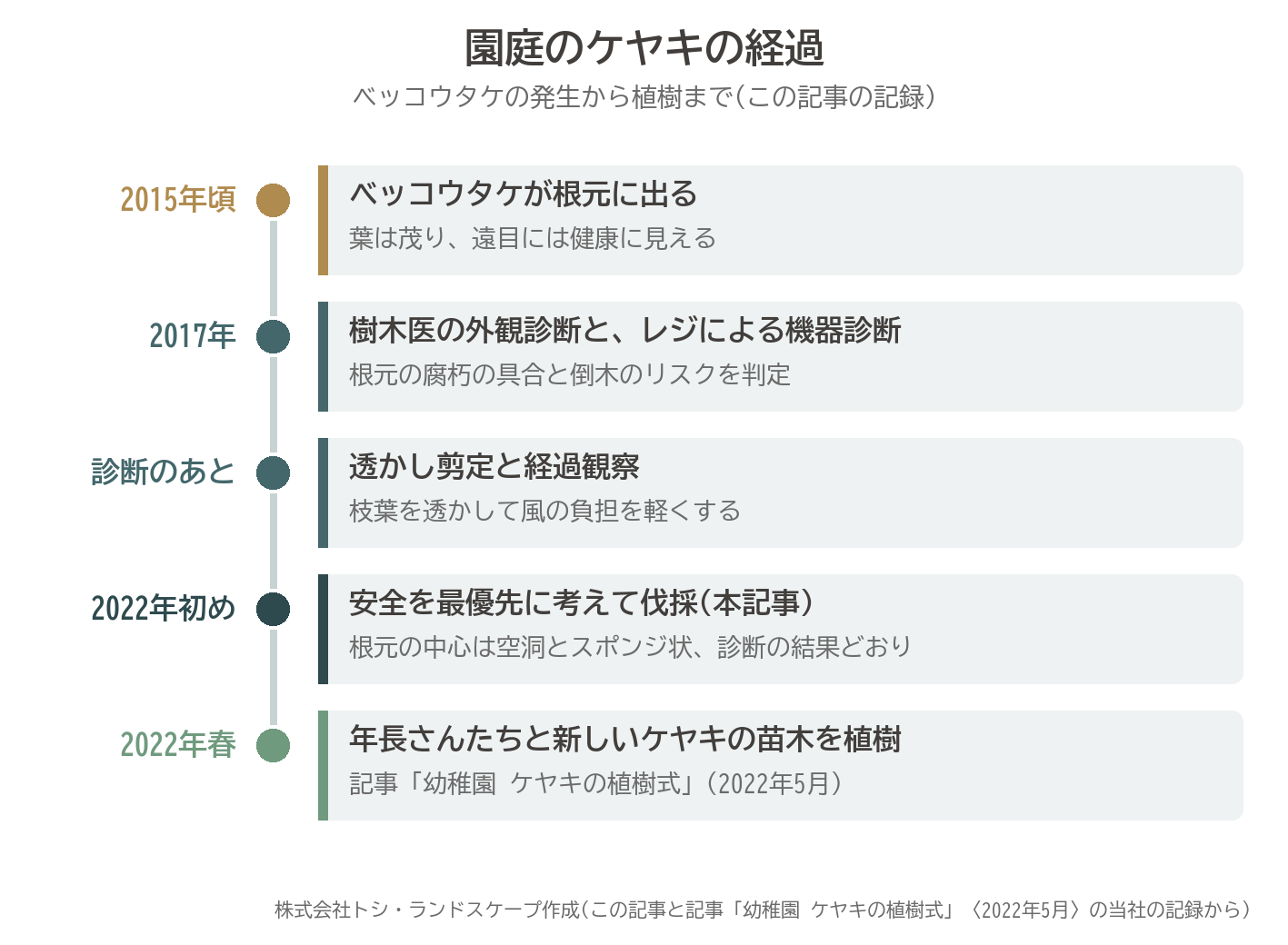 ケヤキ ベッコウタケ 外観診断 レジ 機器診断 透かし剪定 経過観察 伐採 植樹 年表