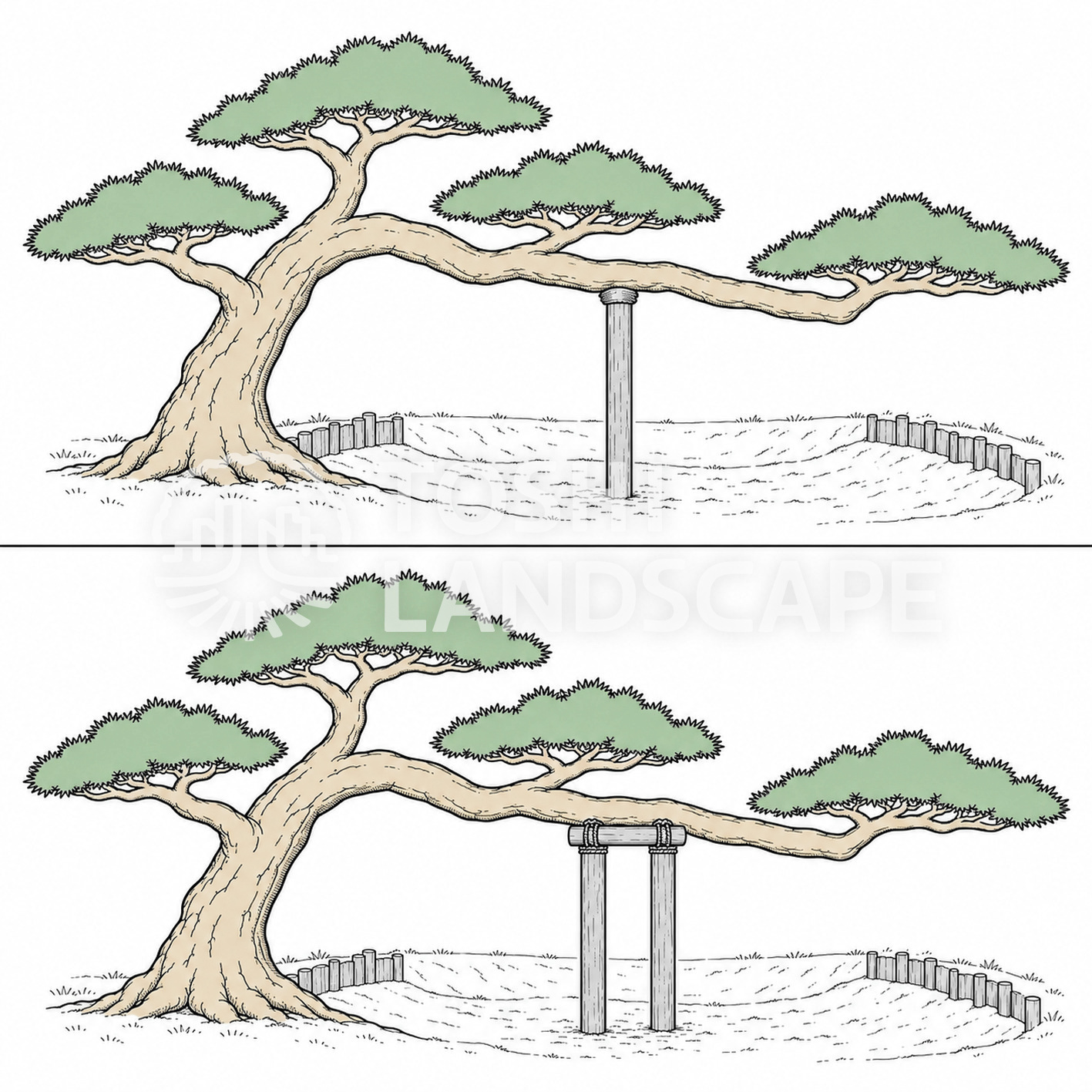 臥竜の松 池の中の支柱 交換 頬杖支柱 丸太二本 クロマツ 寿昌院 イラスト