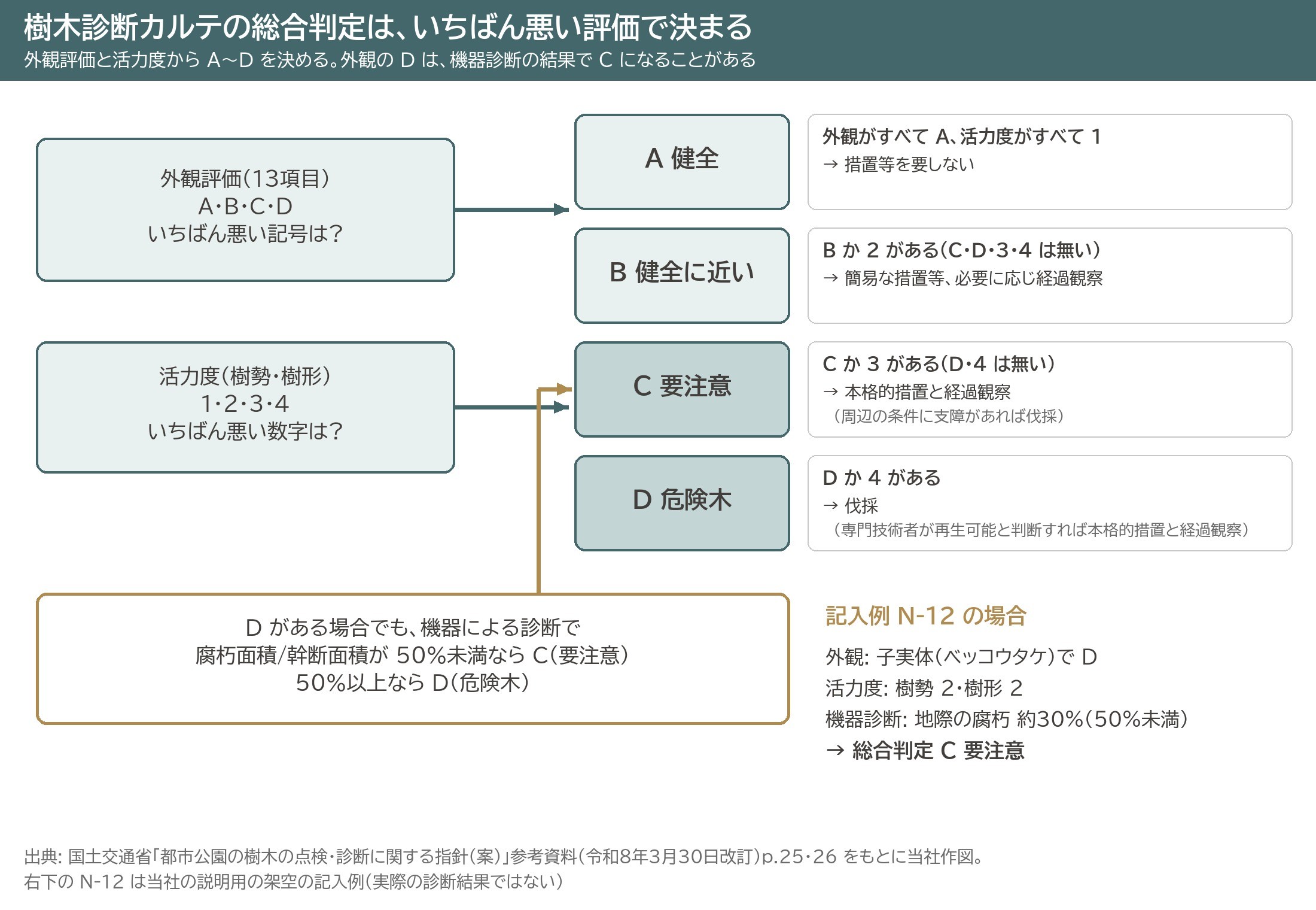 樹木診断カルテ 総合判定 決まり方 外観評価 活力度 いちばん悪い評価 機器診断 腐朽面積 50% C 要注意 D 危険木