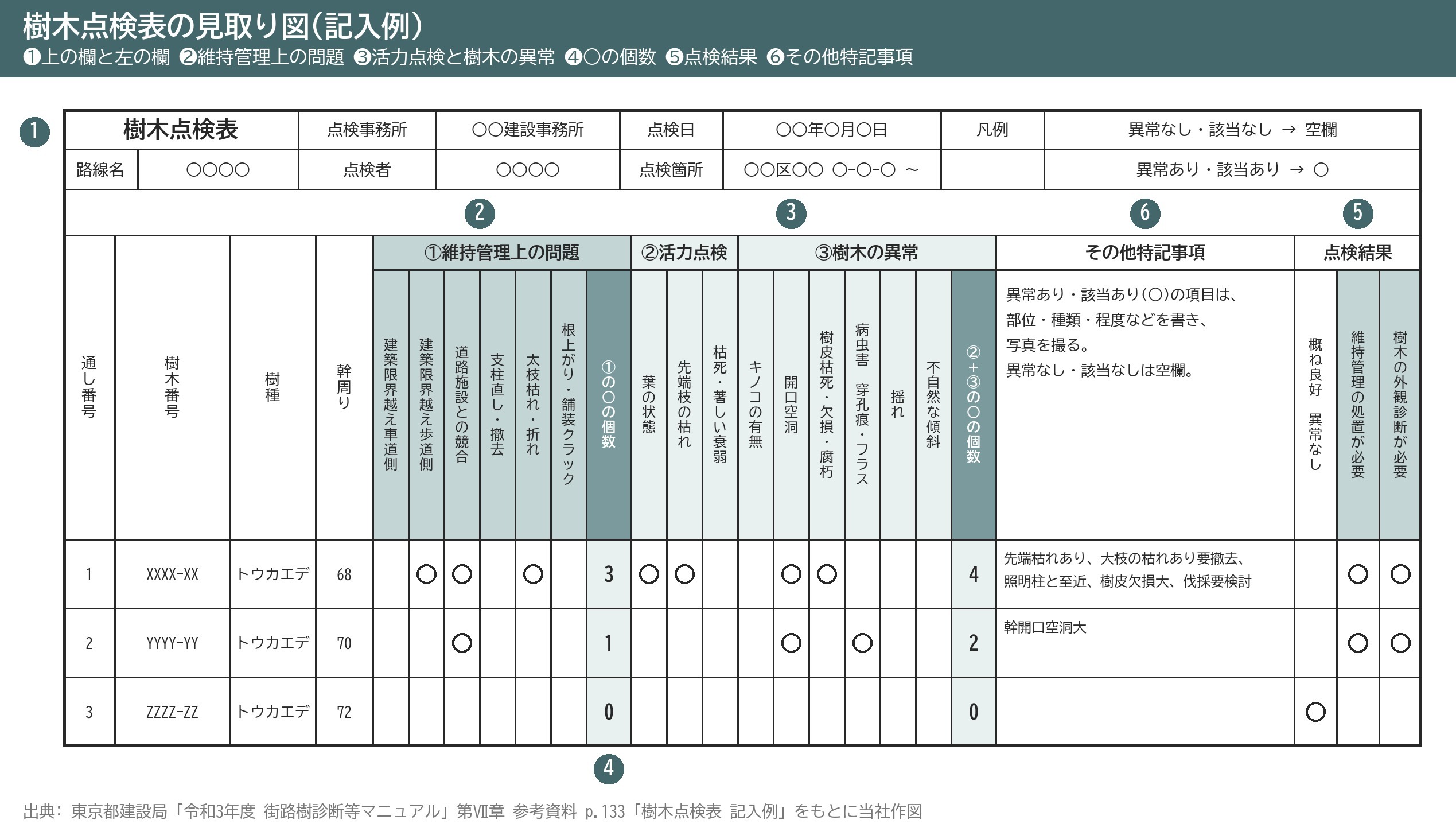 樹木点検表 見取り図 記入例 維持管理上の問題 活力点検 樹木の異常 点検結果 東京都