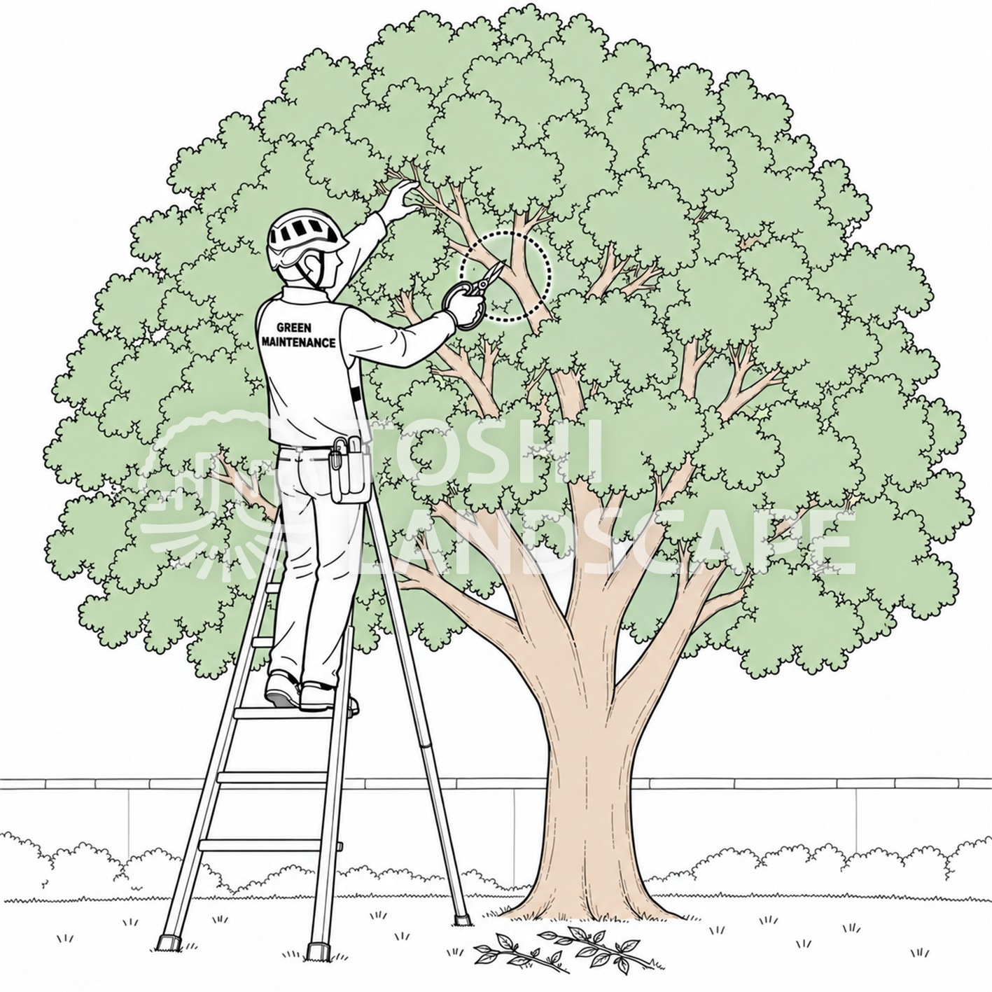 込んだ枝 付け根 探す 植木鋏 常緑樹 脚立 庭師 透かし 図解