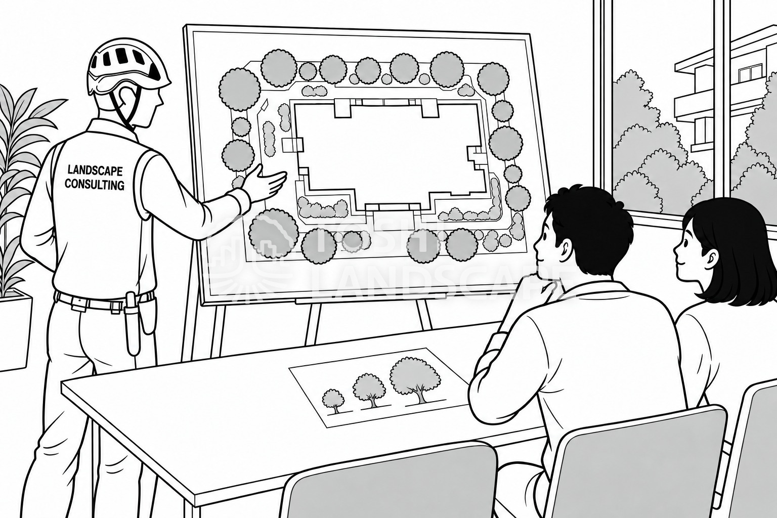 施工図やイラストを使って植栽の計画を説明する担当者