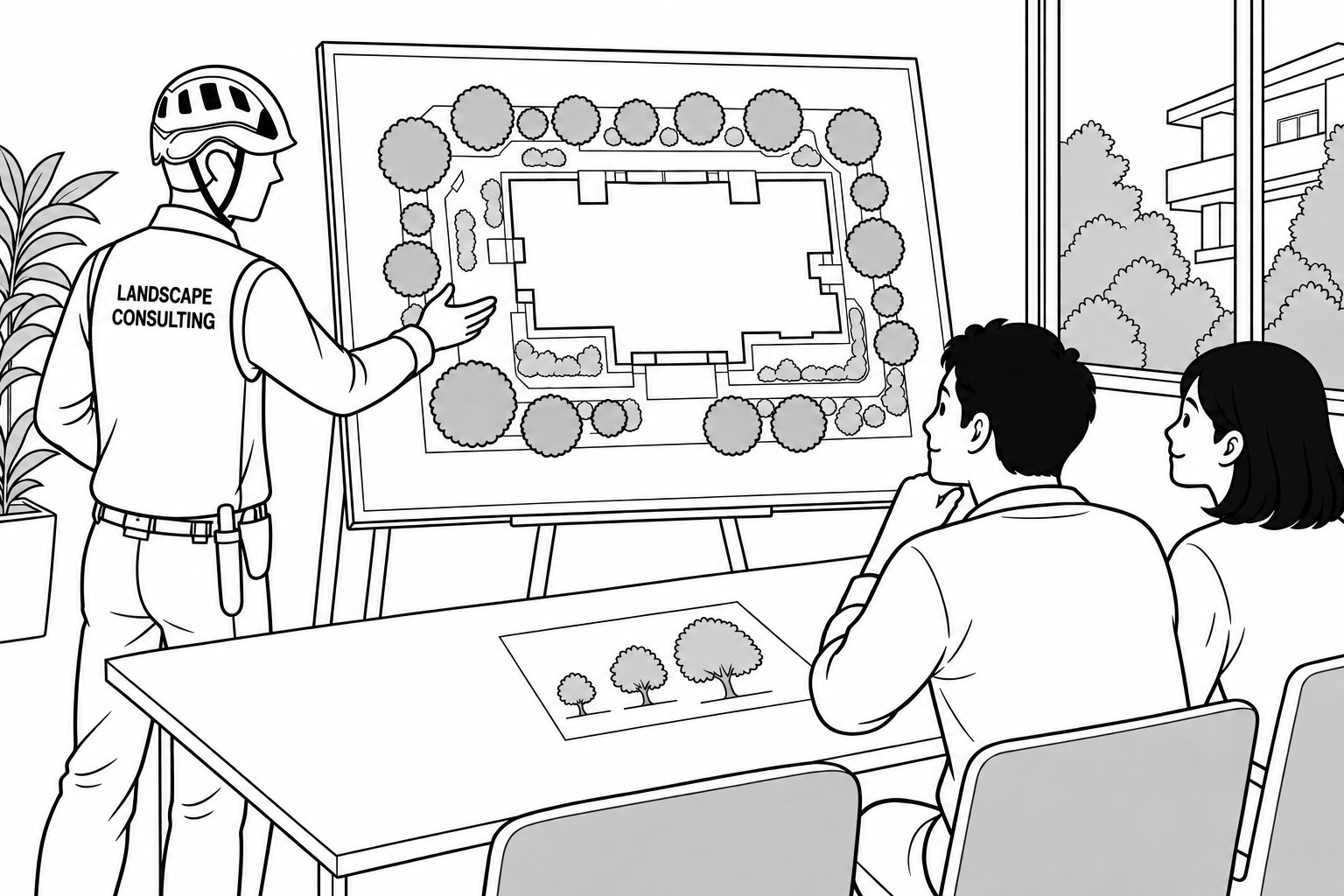 施工図やイラストを使って植栽の計画を説明する担当者