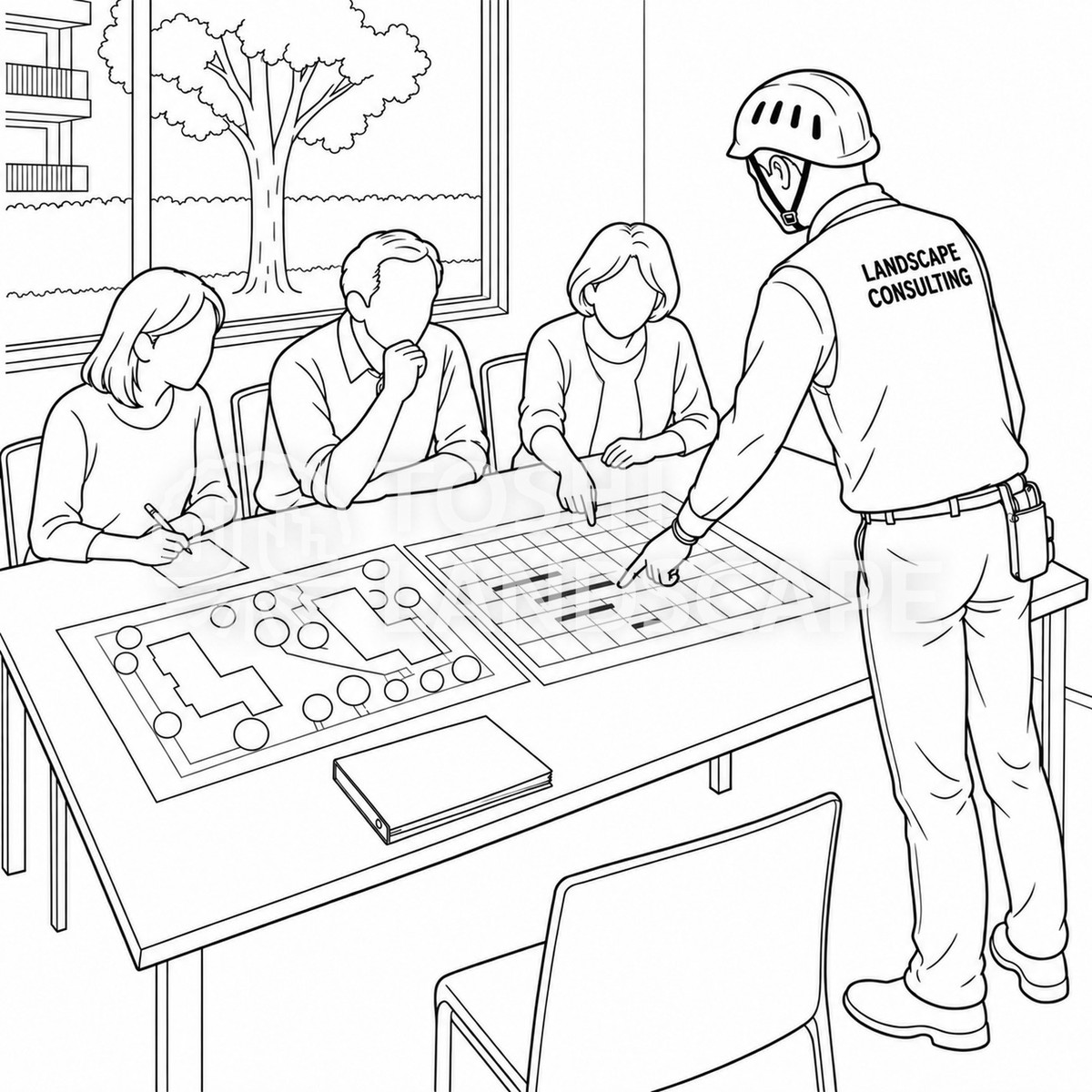 集会室で植栽の平面図と年間工程表を広げて理事と打ち合わせる担当者
