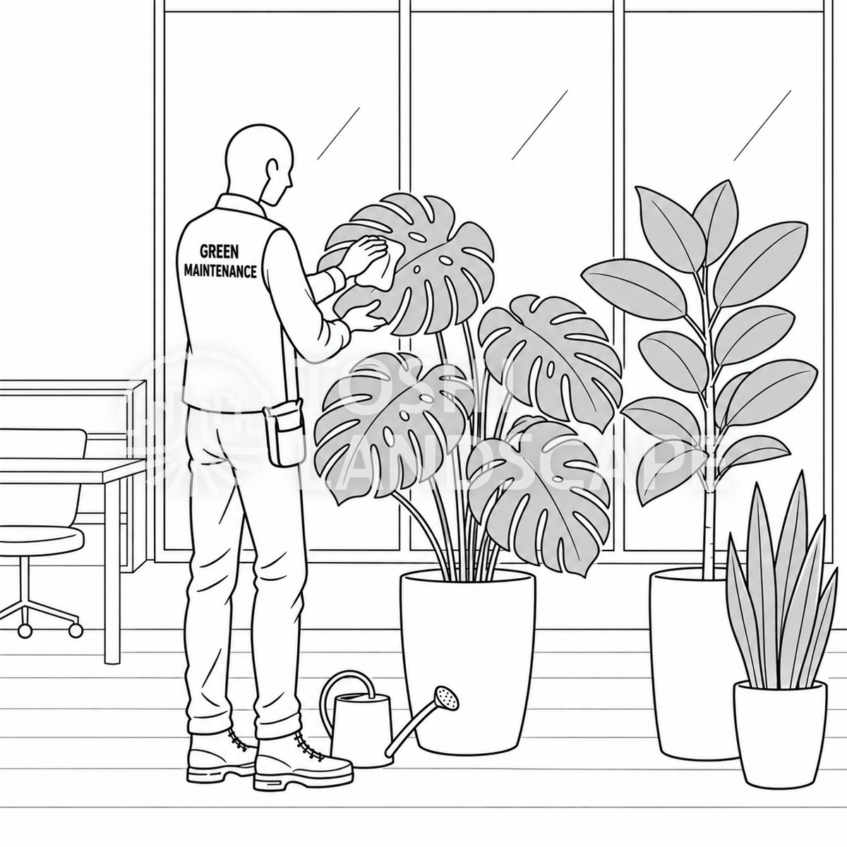 オフィスの窓ぎわで観葉植物の葉を拭く作業員