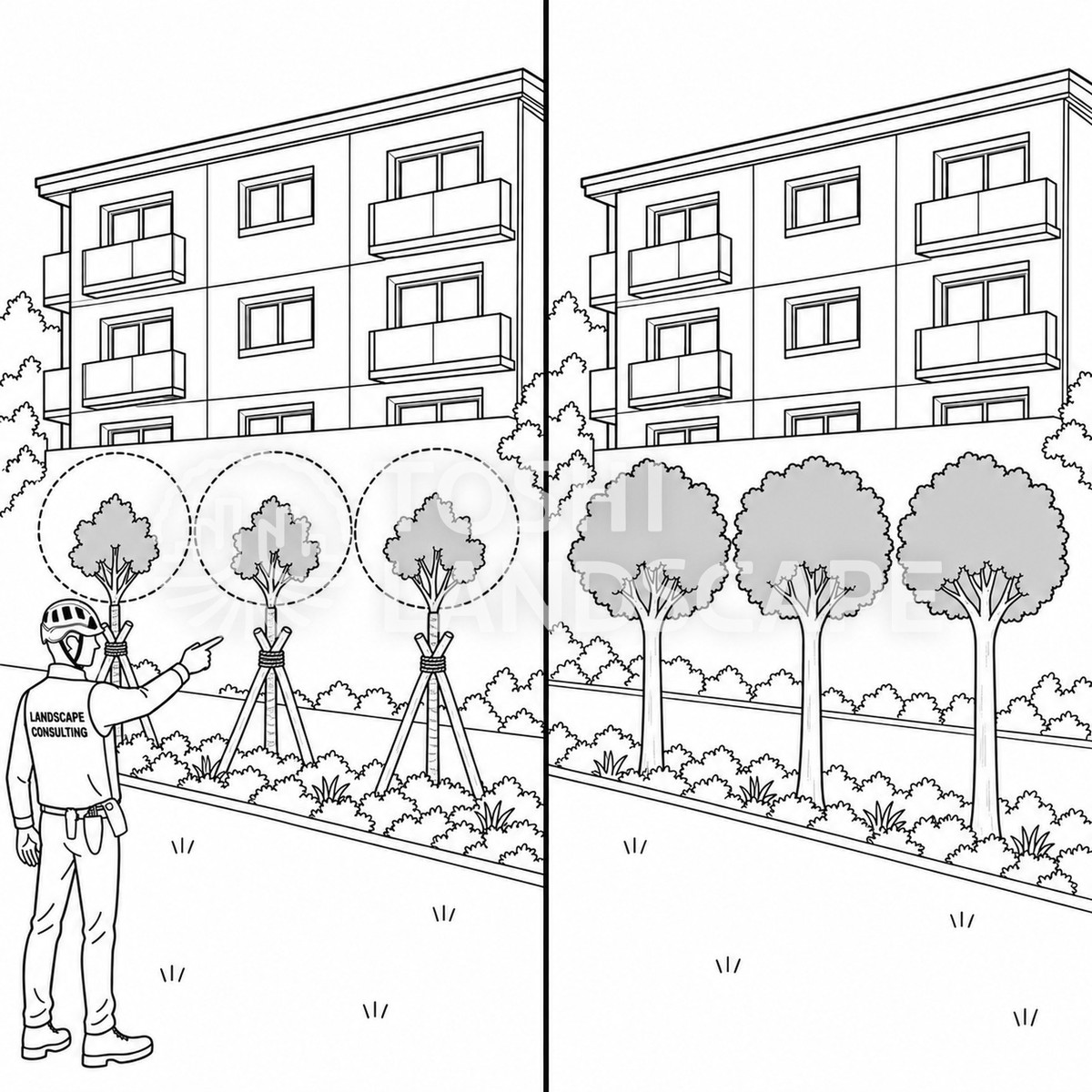将来の樹冠の大きさを見込んで若木を植える配置