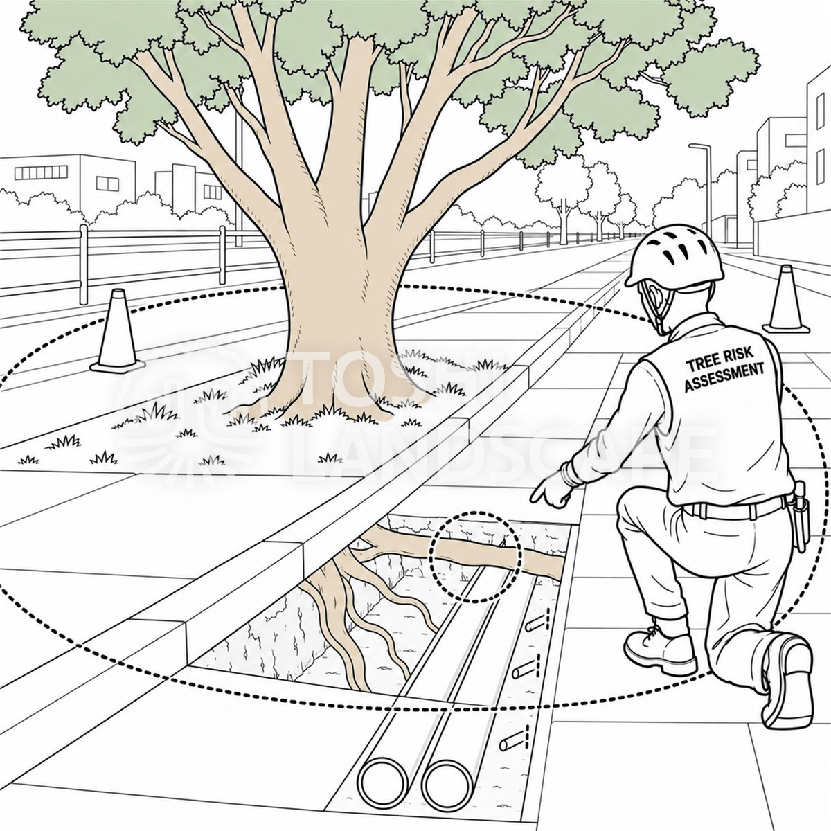 根切り 掘削工事 立会い 根の保護 街路樹 樹木医 イラスト