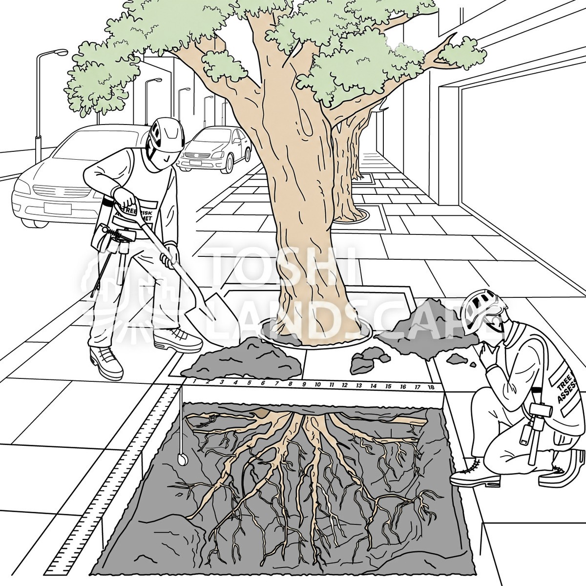 街路樹 根元 試掘 根の広がり 樹木医 イラスト