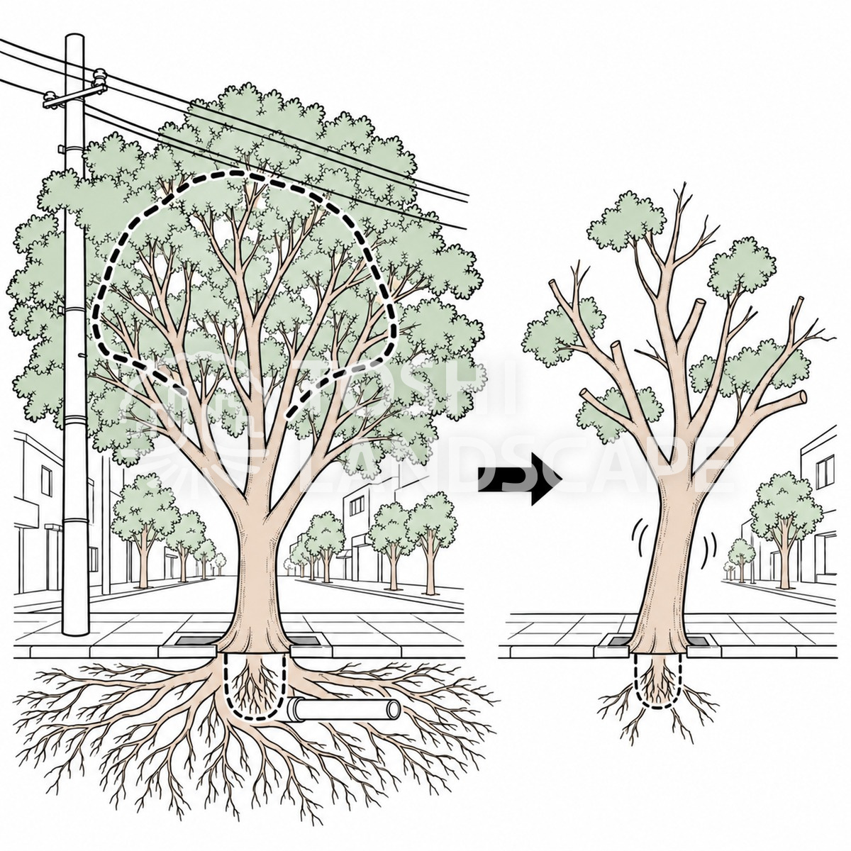 移植前 強剪定 根鉢 移植後 樹勢衰退 イラスト