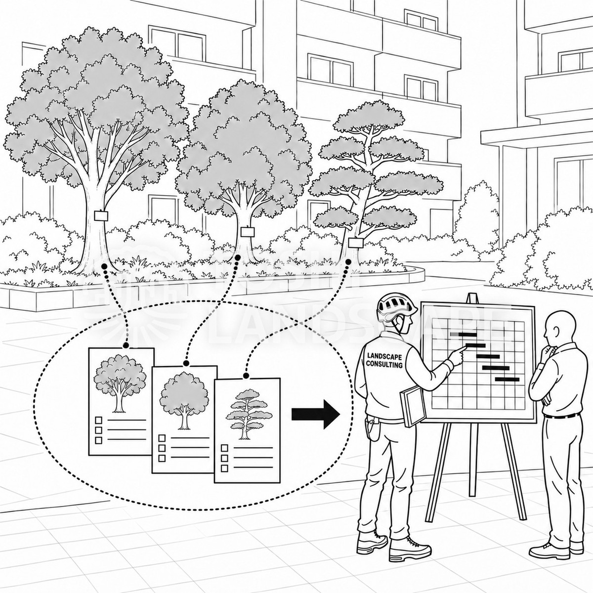 樹木ごとの記録カードから年間の管理計画表をつくる流れ