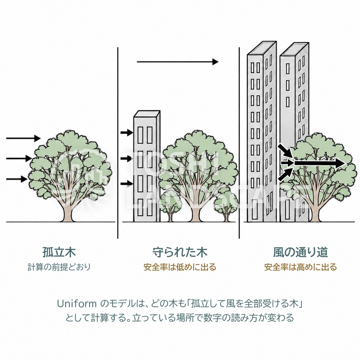 アーボソニック3D 安全率 Uniform 孤立木 建物 並木 ビル風 風の通り道 風荷重