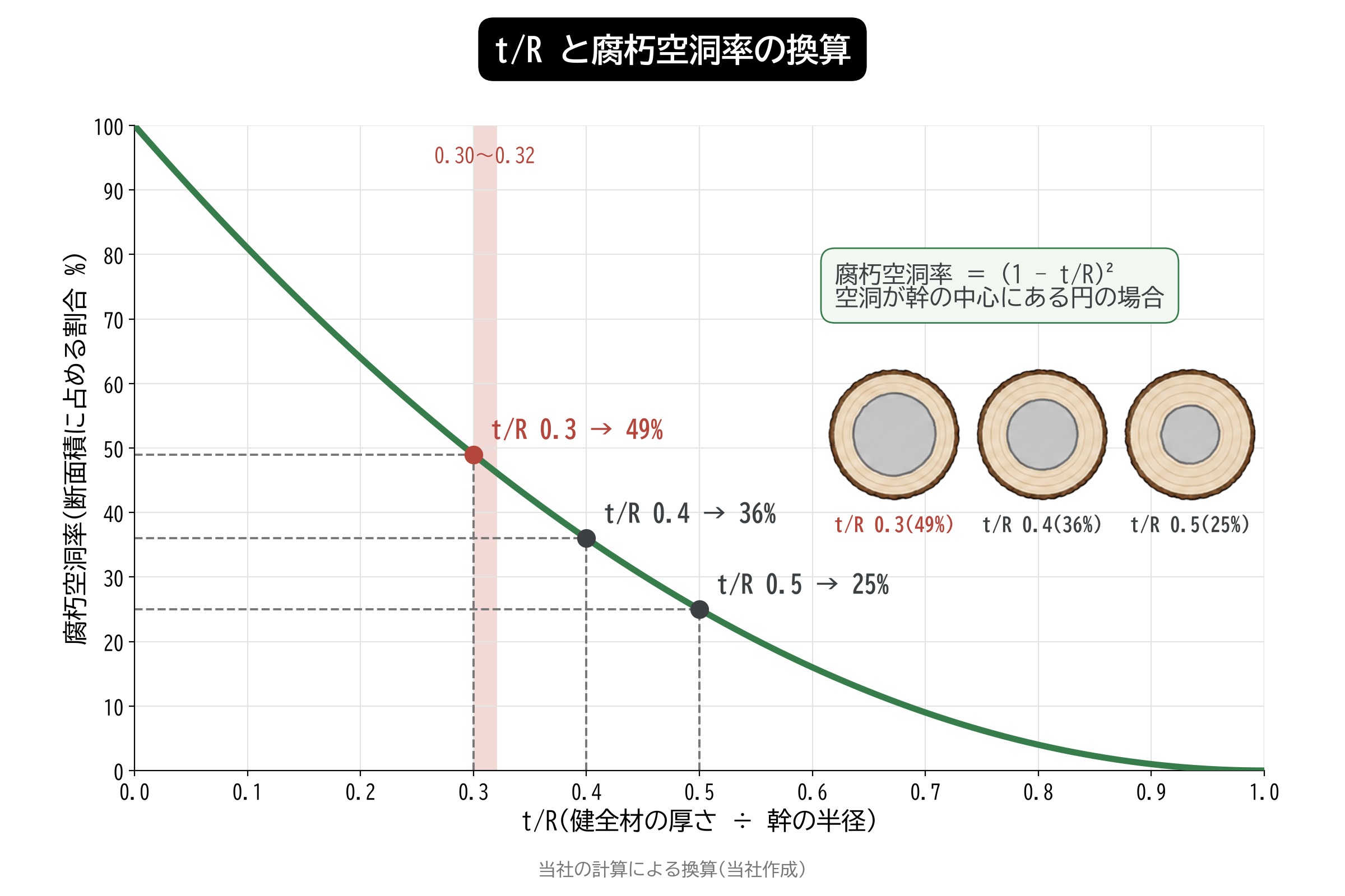 t/R 腐朽空洞率 換算 グラフ 0.3 49% 面積 樹木診断