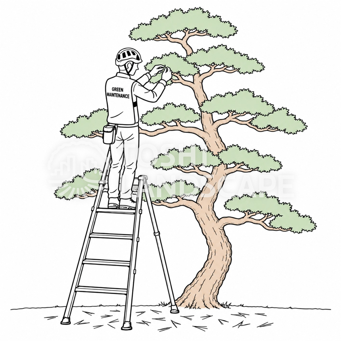松 もみあげ 三脚脚立 庭師 植木屋 作業 クロマツ イラスト