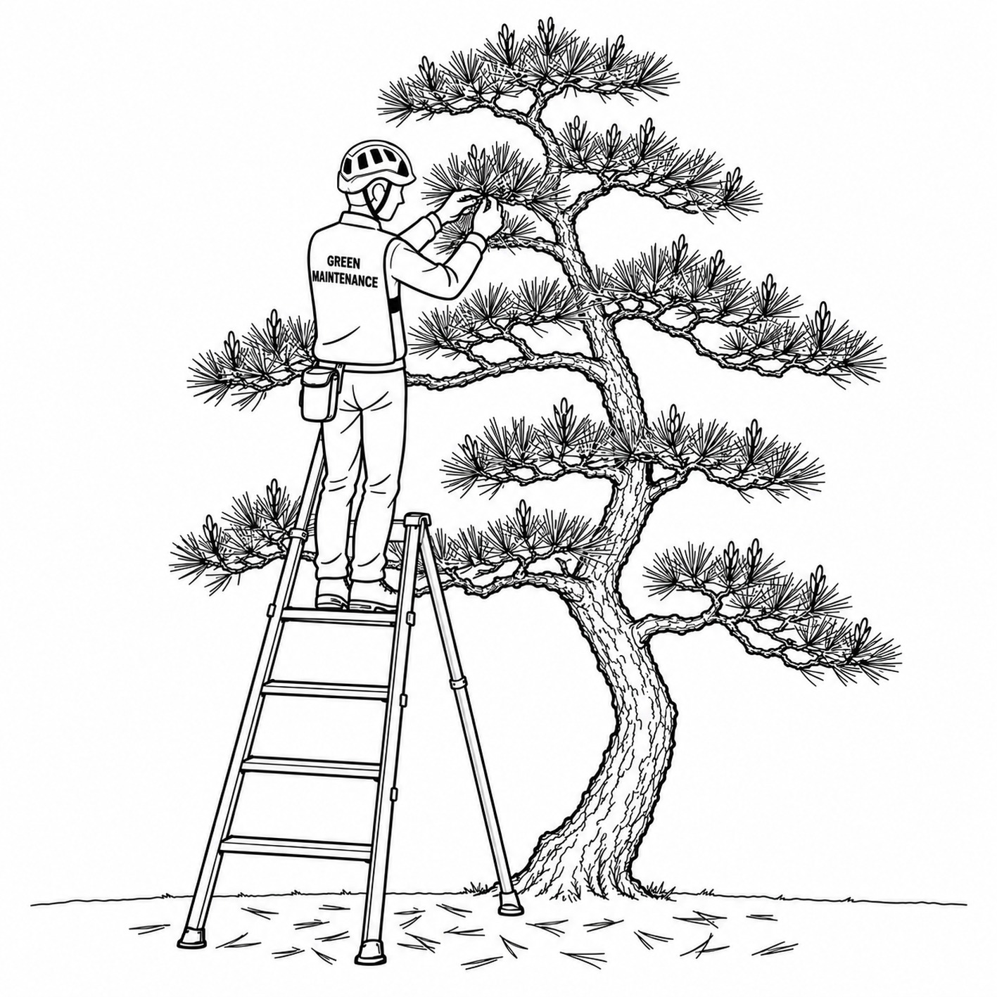 松 もみあげ 三脚脚立 庭師 植木屋 作業 クロマツ イラスト