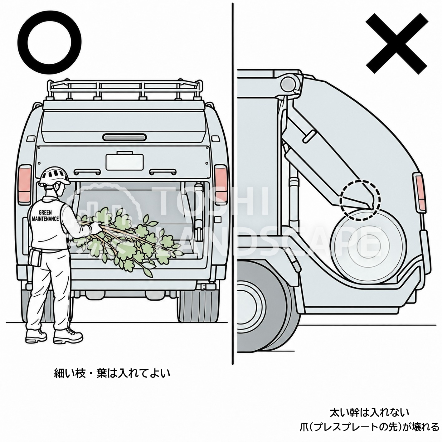 パッカー車 太い幹 積み込み 注意 プレスプレート 爪 故障
