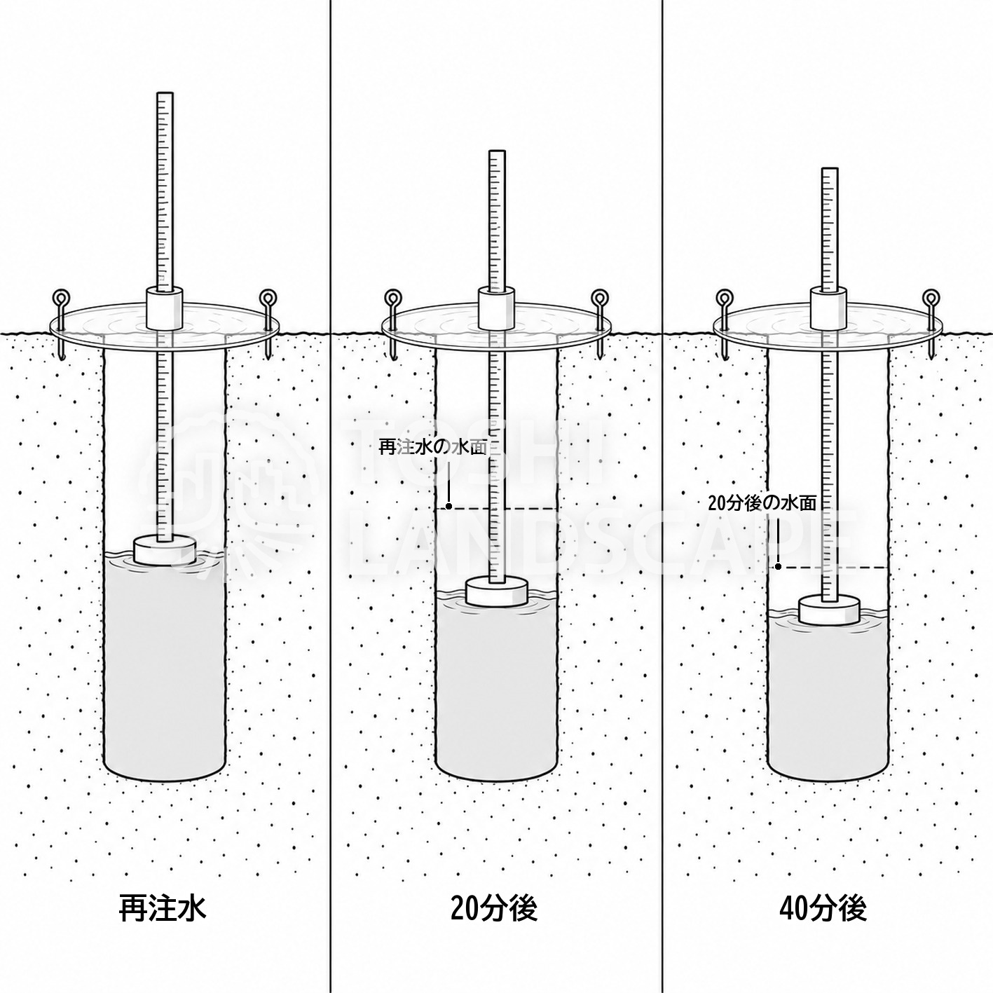 透水試験 水位 低下 最終減水能 再注水 20分後 40分後 フロート 断面 イラスト