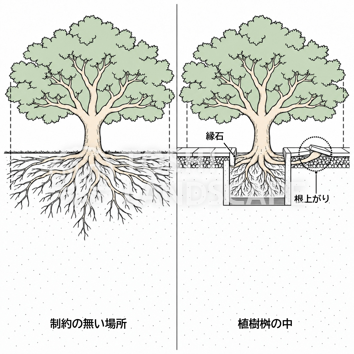 植栽基盤 広がり 根の広がり 植樹桝 根上がり イラスト