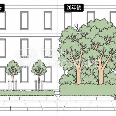 マンション 植栽 竣工時 20年後 大きくなりすぎ 密植 根上がり 樹木医 比較