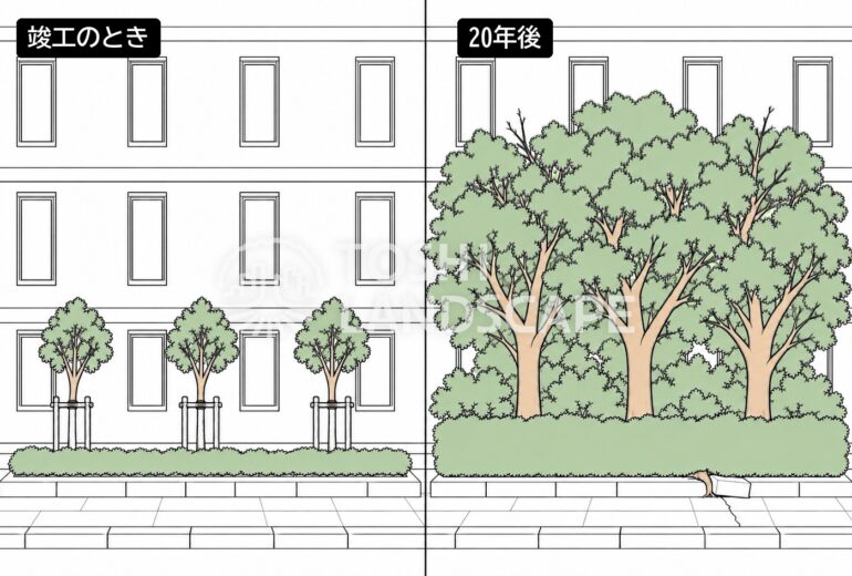マンション 植栽 竣工時 20年後 大きくなりすぎ 密植 根上がり 樹木医 比較